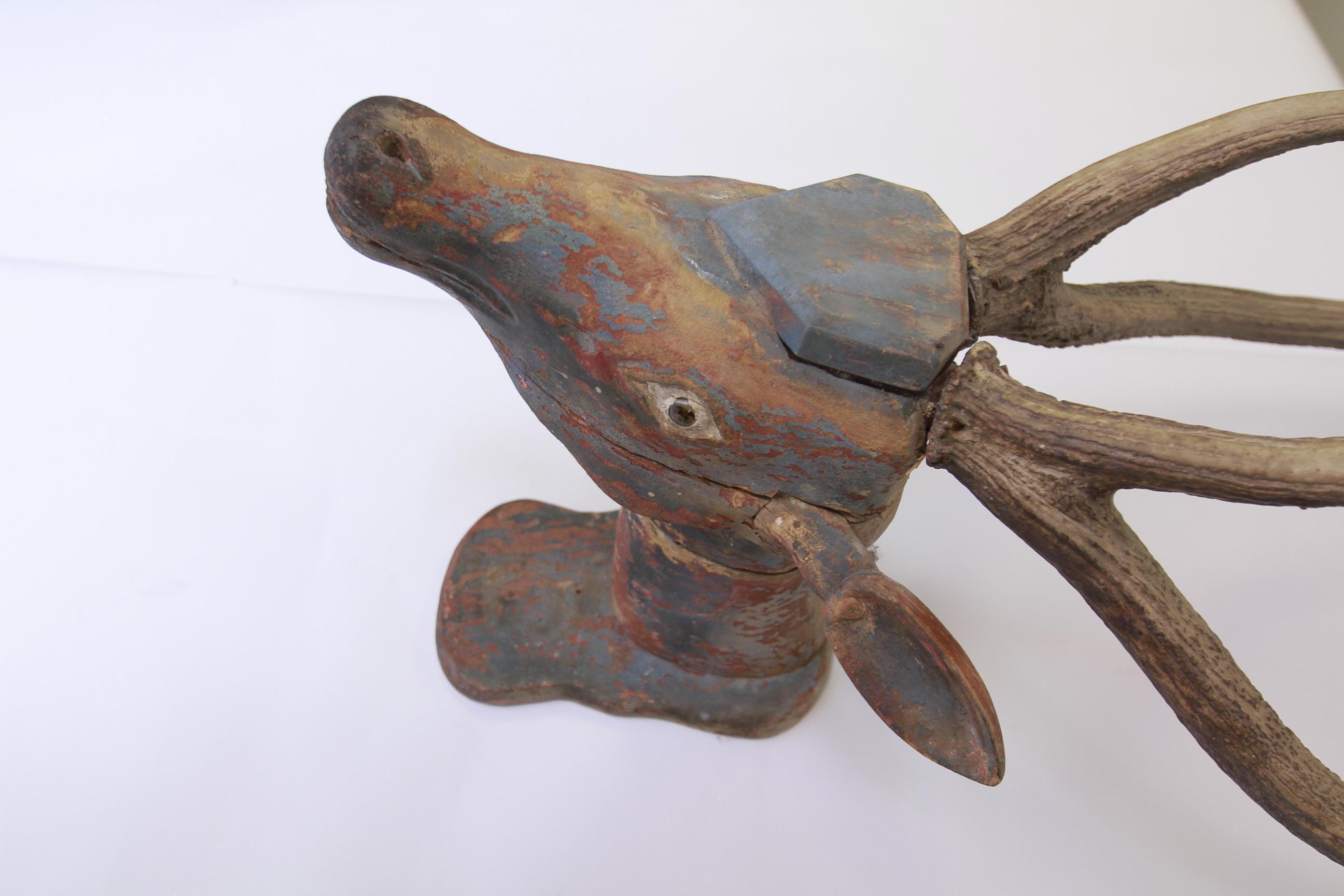 Pair Antique Pine & Polychromed painted Deer Heads For Sale 1