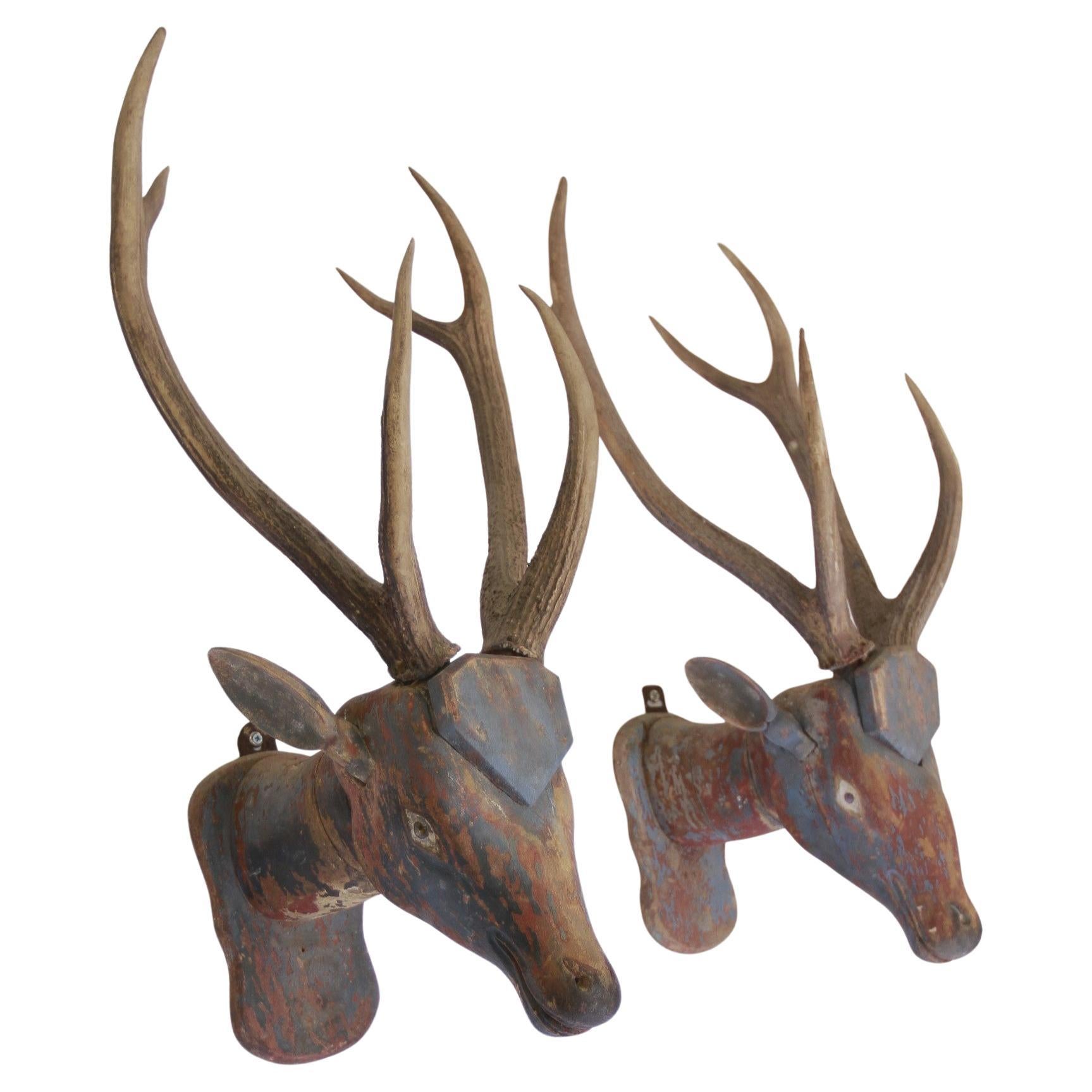 Pair Antique Pine & Polychromed painted Deer Heads
