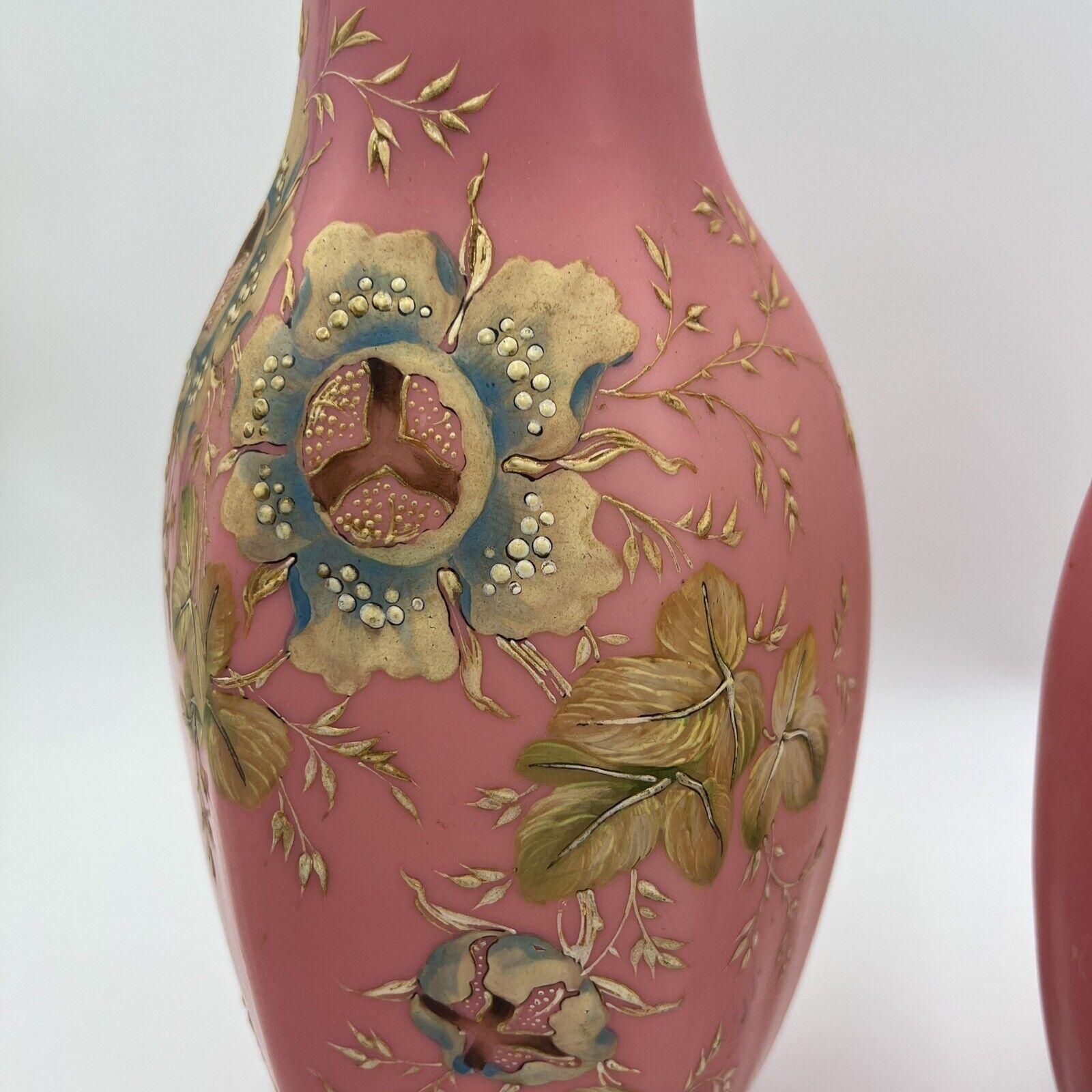 Pair, Antique Pink Bristol Glass Painted Enamel Floral Hexagonal Vases For Sale 4