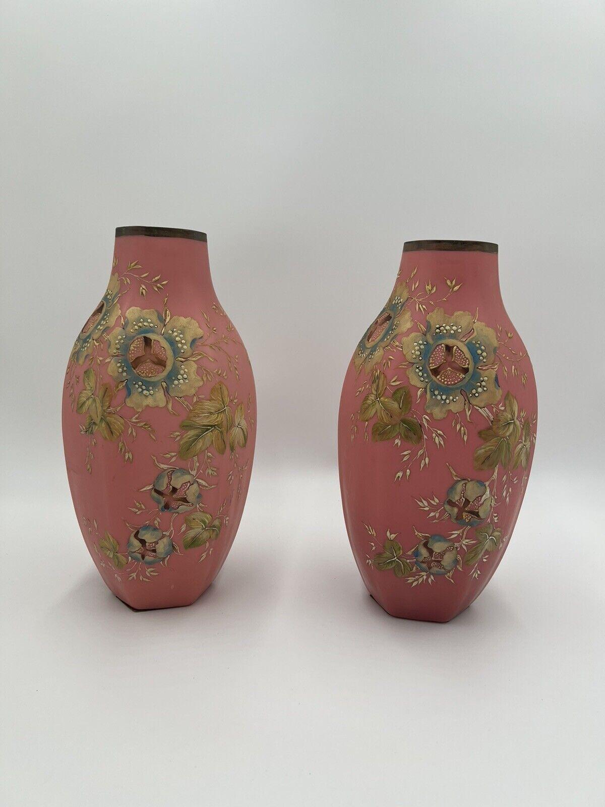 Pair, Antique Pink Bristol Glass Painted Enamel Floral Hexagonal Vases For Sale 5