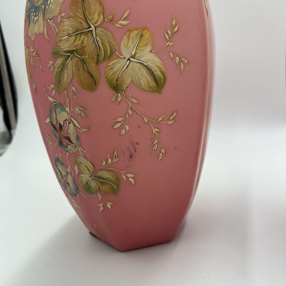 British Pair, Antique Pink Bristol Glass Painted Enamel Floral Hexagonal Vases For Sale