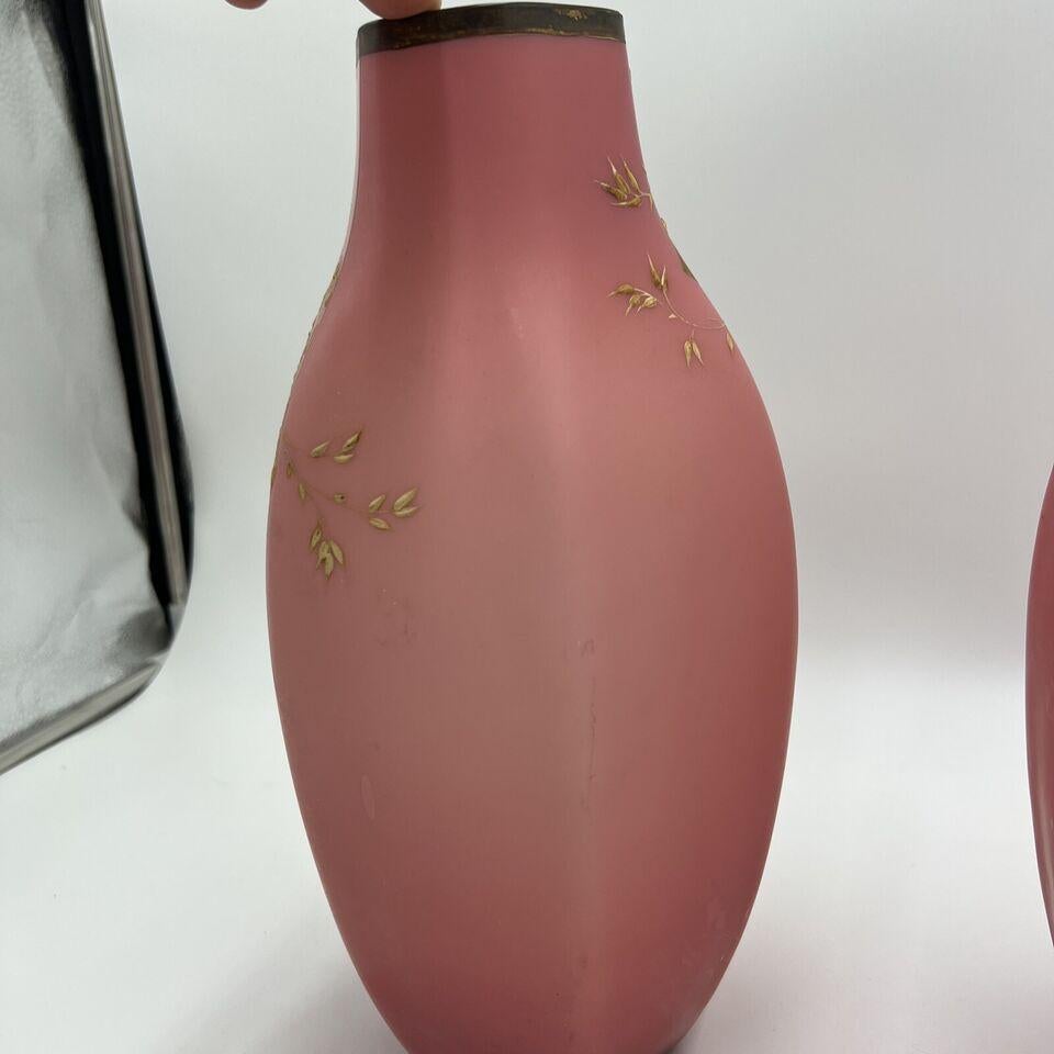 Pair, Antique Pink Bristol Glass Painted Enamel Floral Hexagonal Vases In Good Condition For Sale In Atlanta, GA