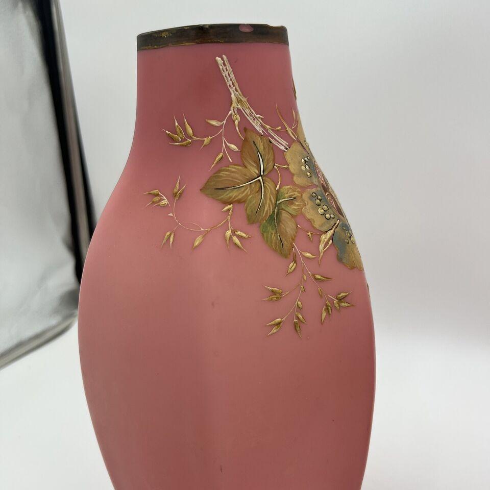 20th Century Pair, Antique Pink Bristol Glass Painted Enamel Floral Hexagonal Vases For Sale