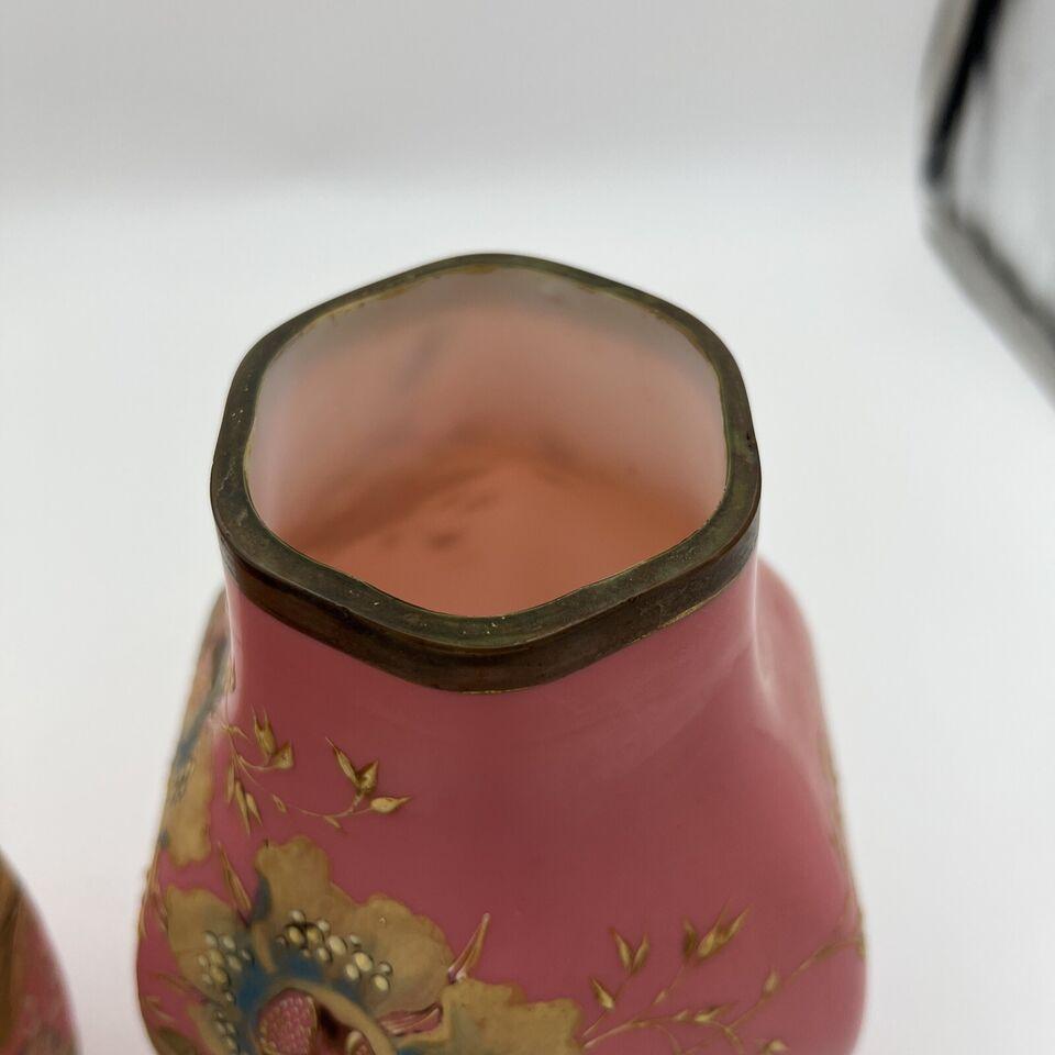 Blown Glass Pair, Antique Pink Bristol Glass Painted Enamel Floral Hexagonal Vases For Sale