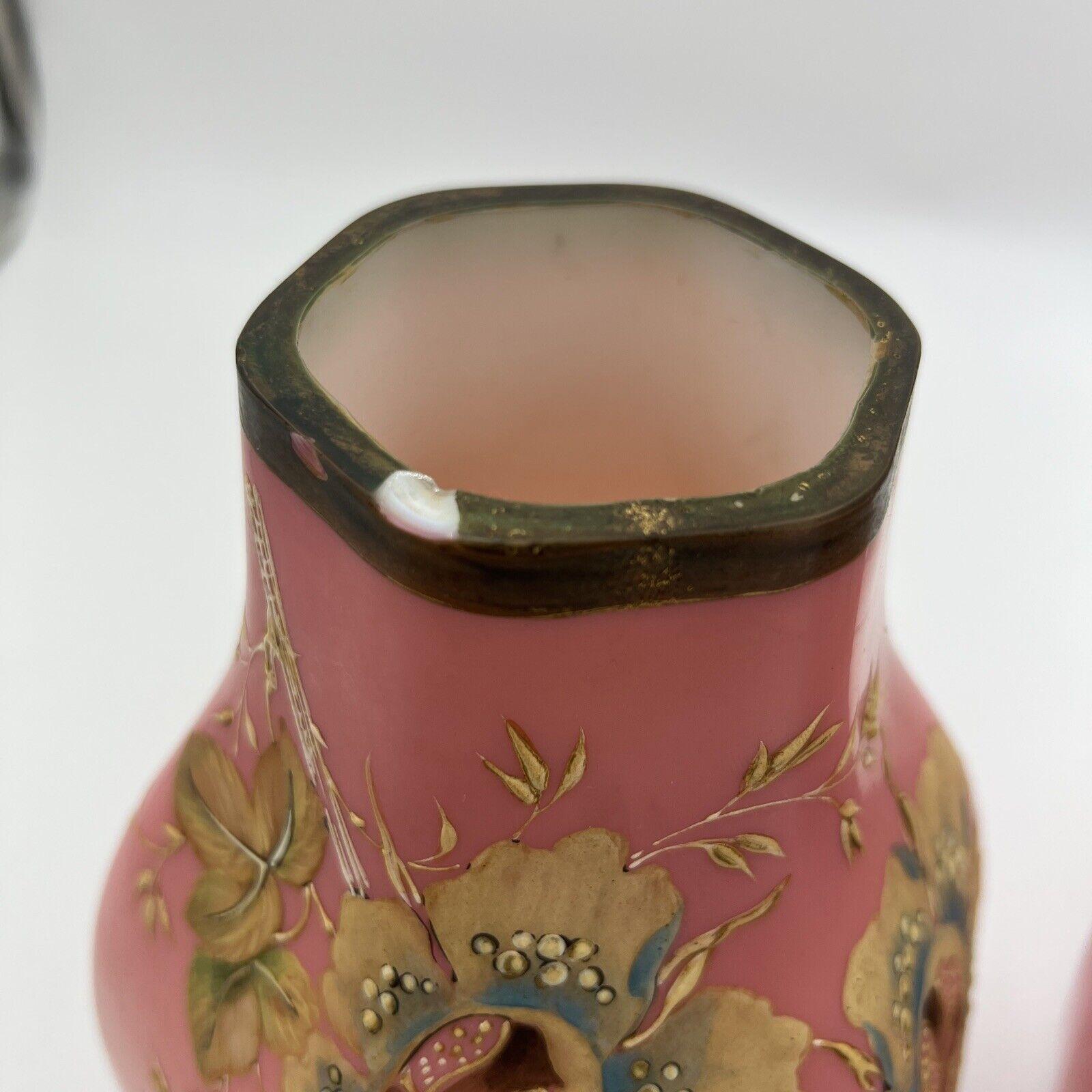 Pair, Antique Pink Bristol Glass Painted Enamel Floral Hexagonal Vases For Sale 1