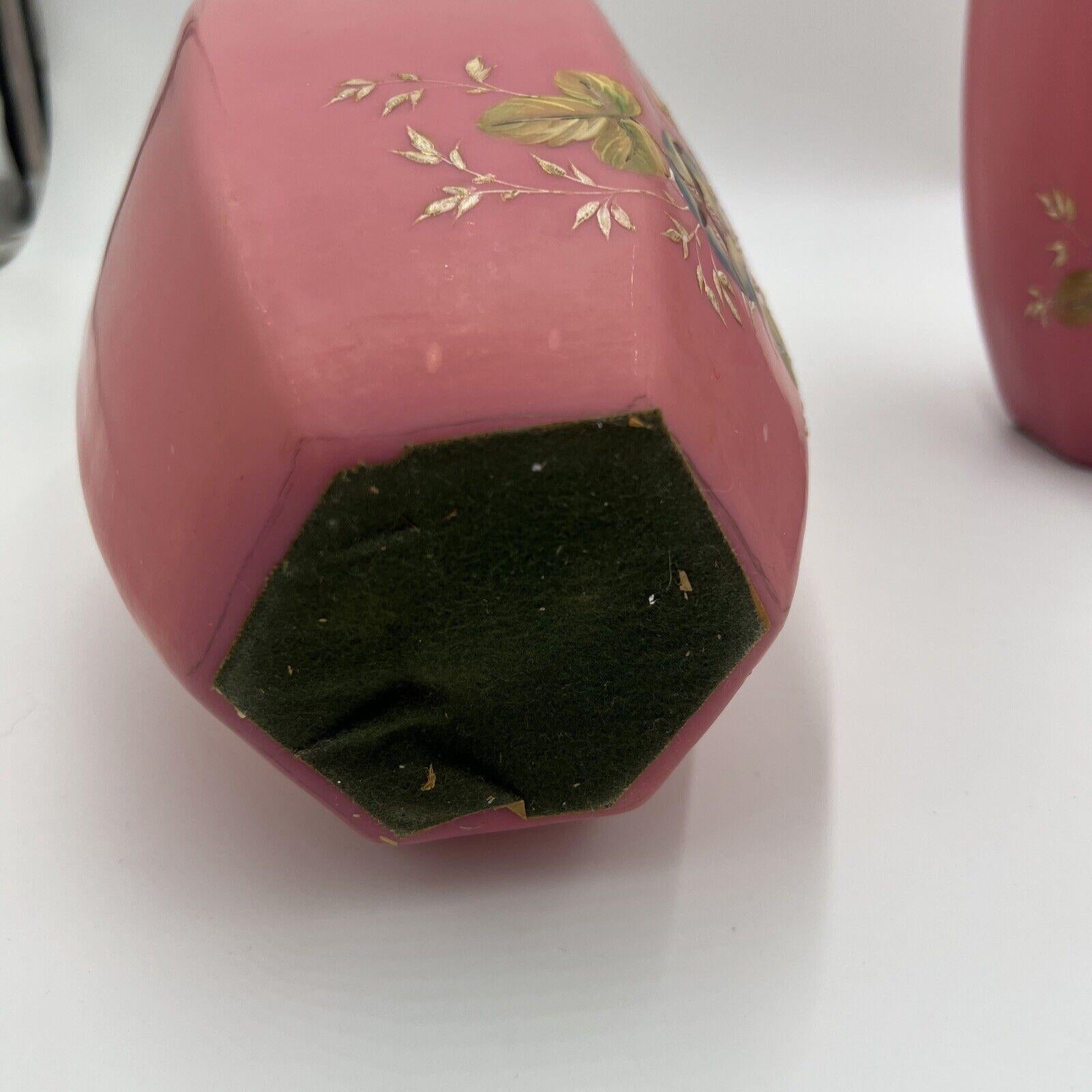 Pair, Antique Pink Bristol Glass Painted Enamel Floral Hexagonal Vases For Sale 3
