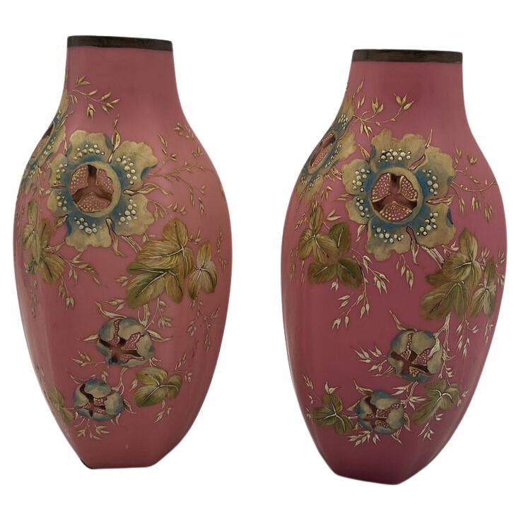 Pair, Antique Pink Bristol Glass Painted Enamel Floral Hexagonal Vases