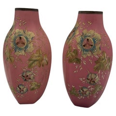 Pair, Vintage Pink Bristol Glass Painted Enamel Floral Hexagonal Vases
