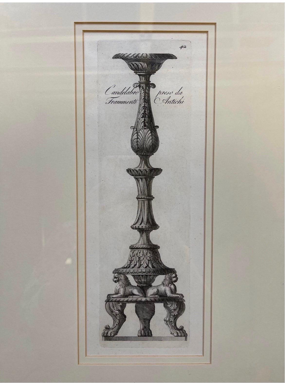 Pair, Antique Piranesi Style Architectural Candlestick Engravings In Excellent Condition In Atlanta, GA