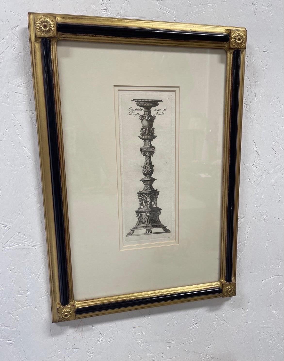 19th Century Pair, Antique Piranesi Style Architectural Candlestick Engravings