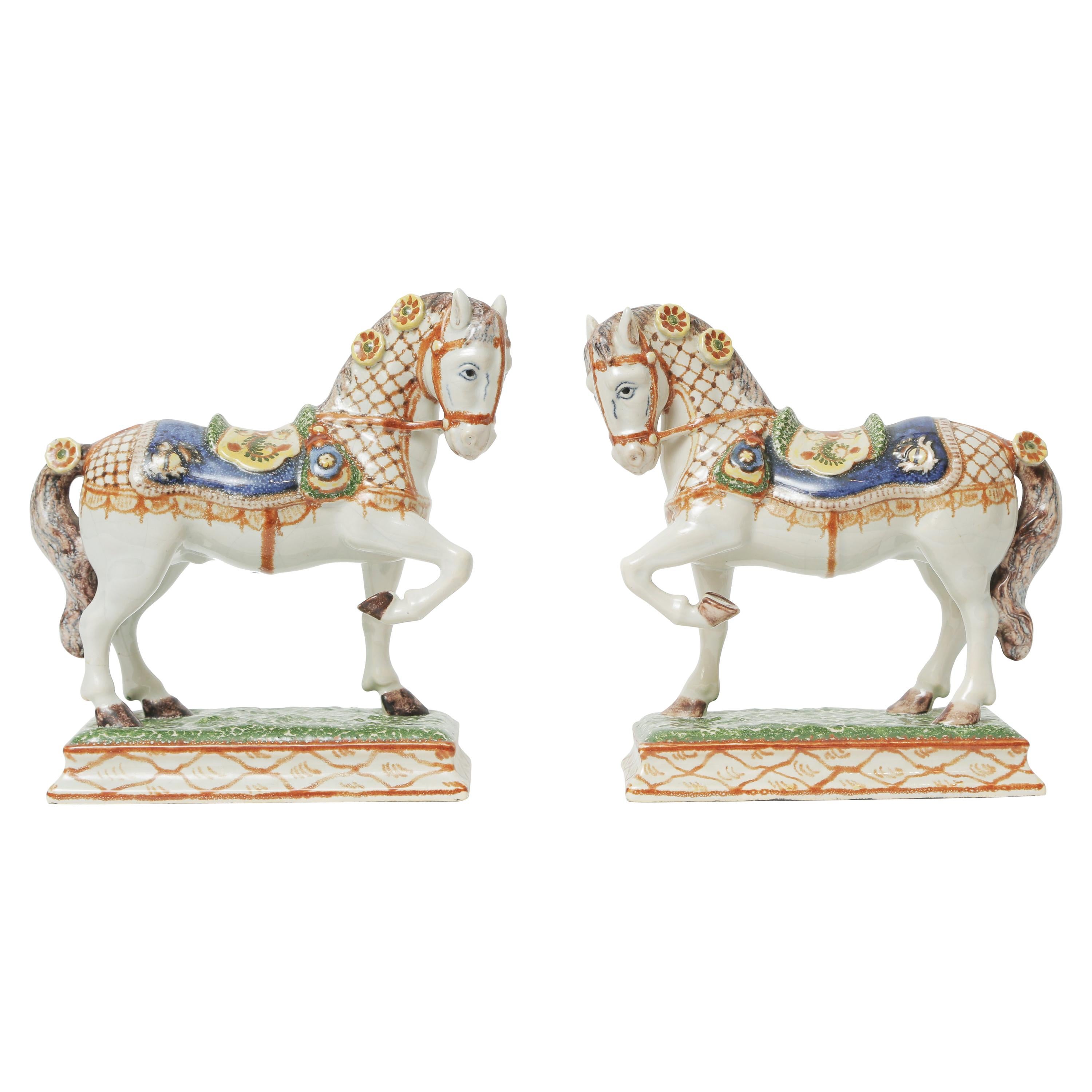 Pair Antique Pottery Models of Horse, Ardennais, 19th Century Attrib Boussemart