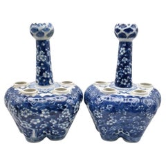 Pair Antique Qing Chinese Prunus Blue and White Tulip Vases Ca 19th Century