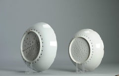 Pair Antique Qing Dynasty Blue & White Porcelain Strainers Flower Scene 18th C