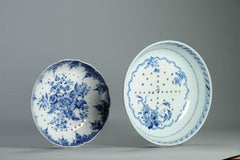 Pair Antique Qing Dynasty Blue & White Porcelain Strainers Flower Scene 18th C