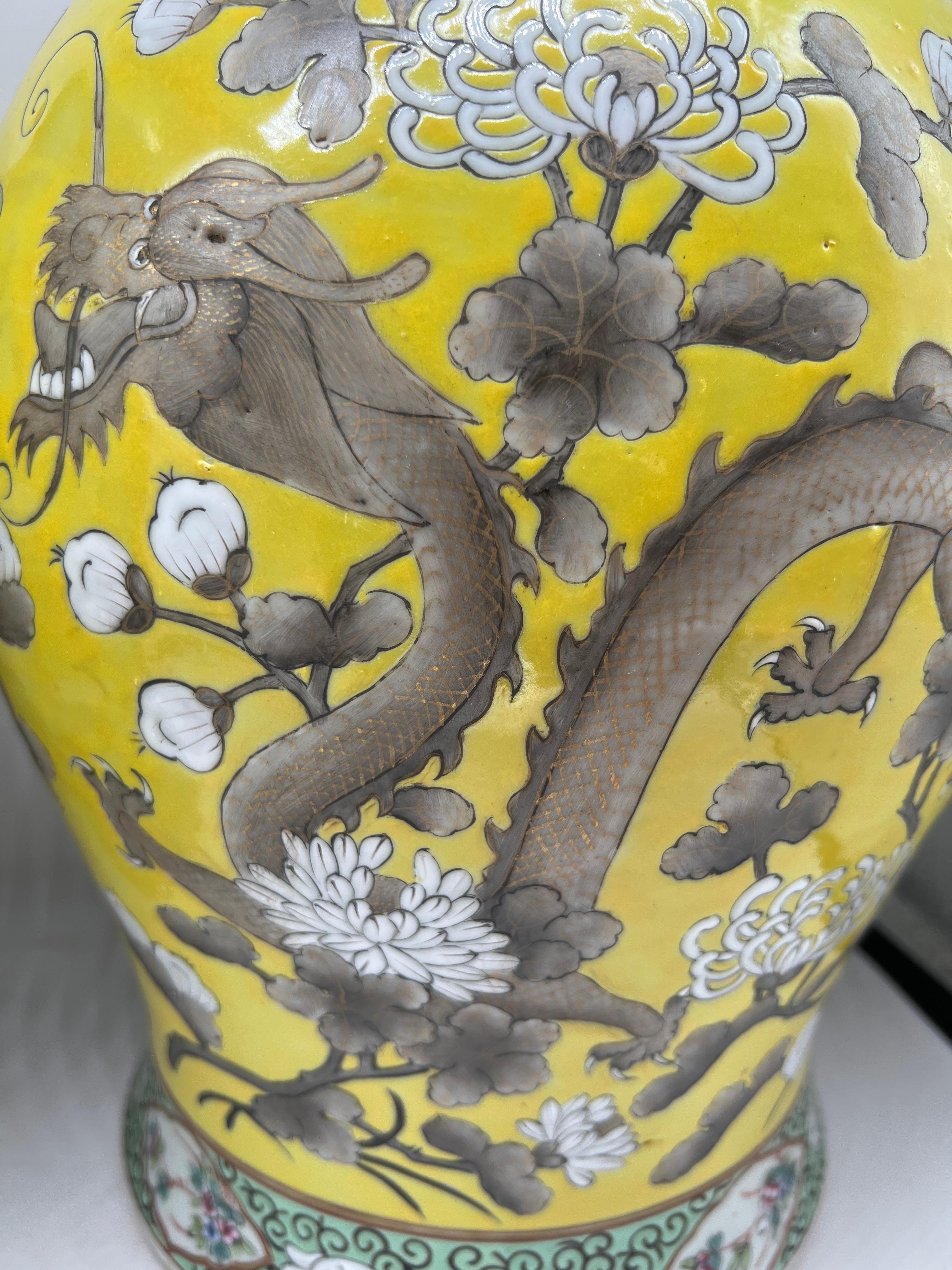 Pair, Antique Qing Dynasty Chinese Famille Jaune Covered Dragon Jars - 20th C. 6