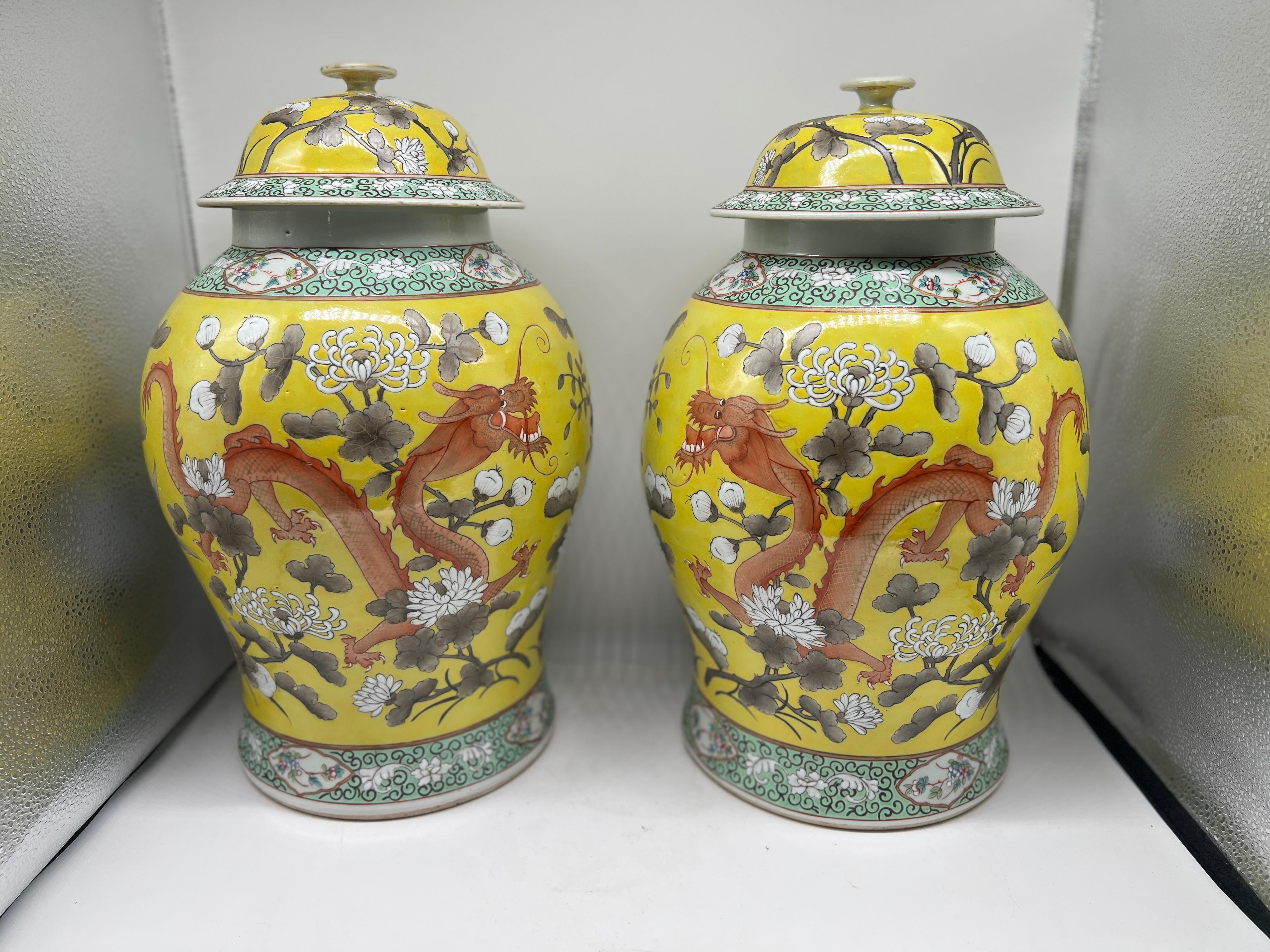 Chinese Export Pair, Antique Qing Dynasty Chinese Famille Jaune Covered Dragon Jars - 20th C.