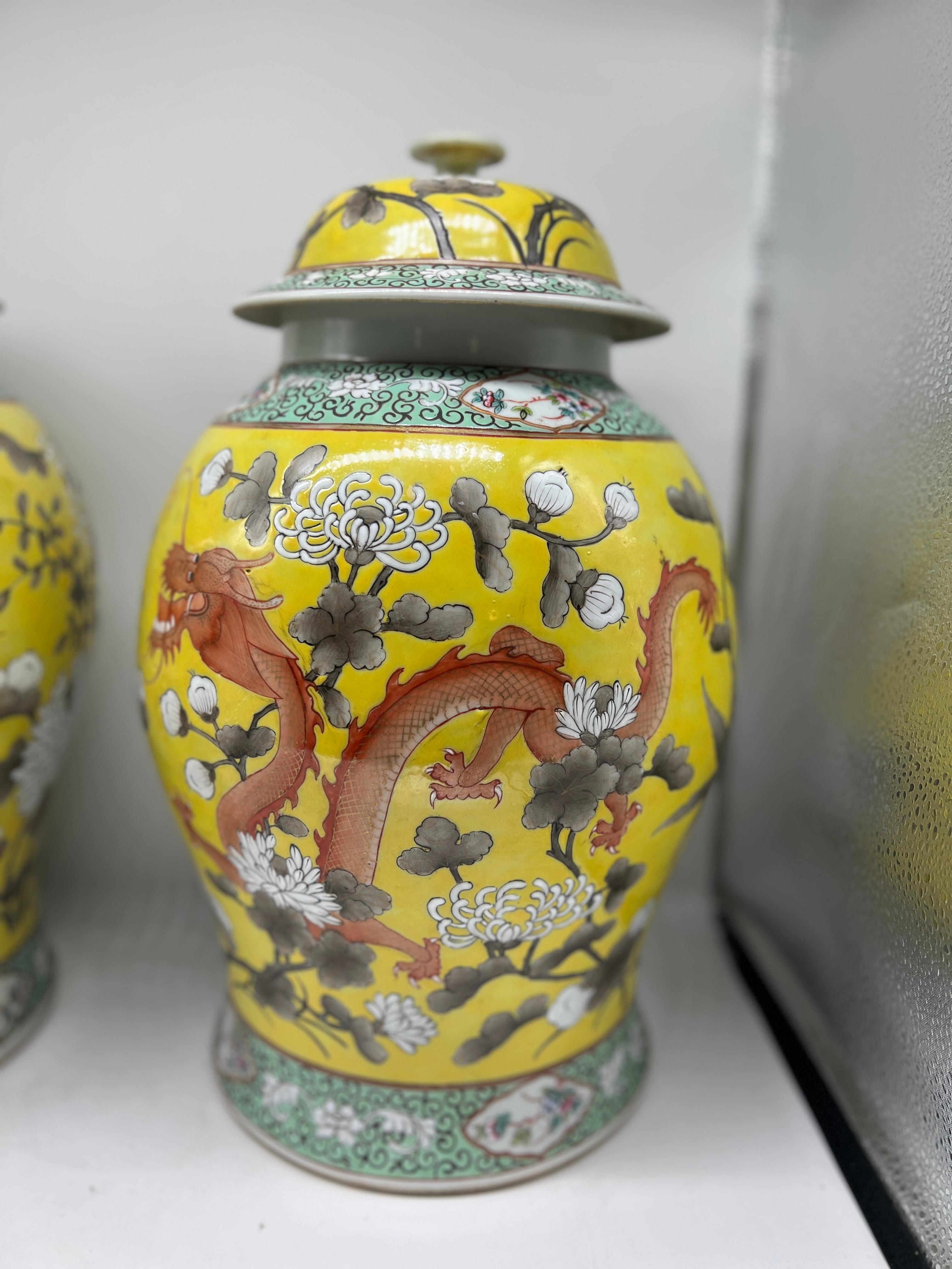 Pair, Antique Qing Dynasty Chinese Famille Jaune Covered Dragon Jars - 20th C. In Good Condition In Atlanta, GA