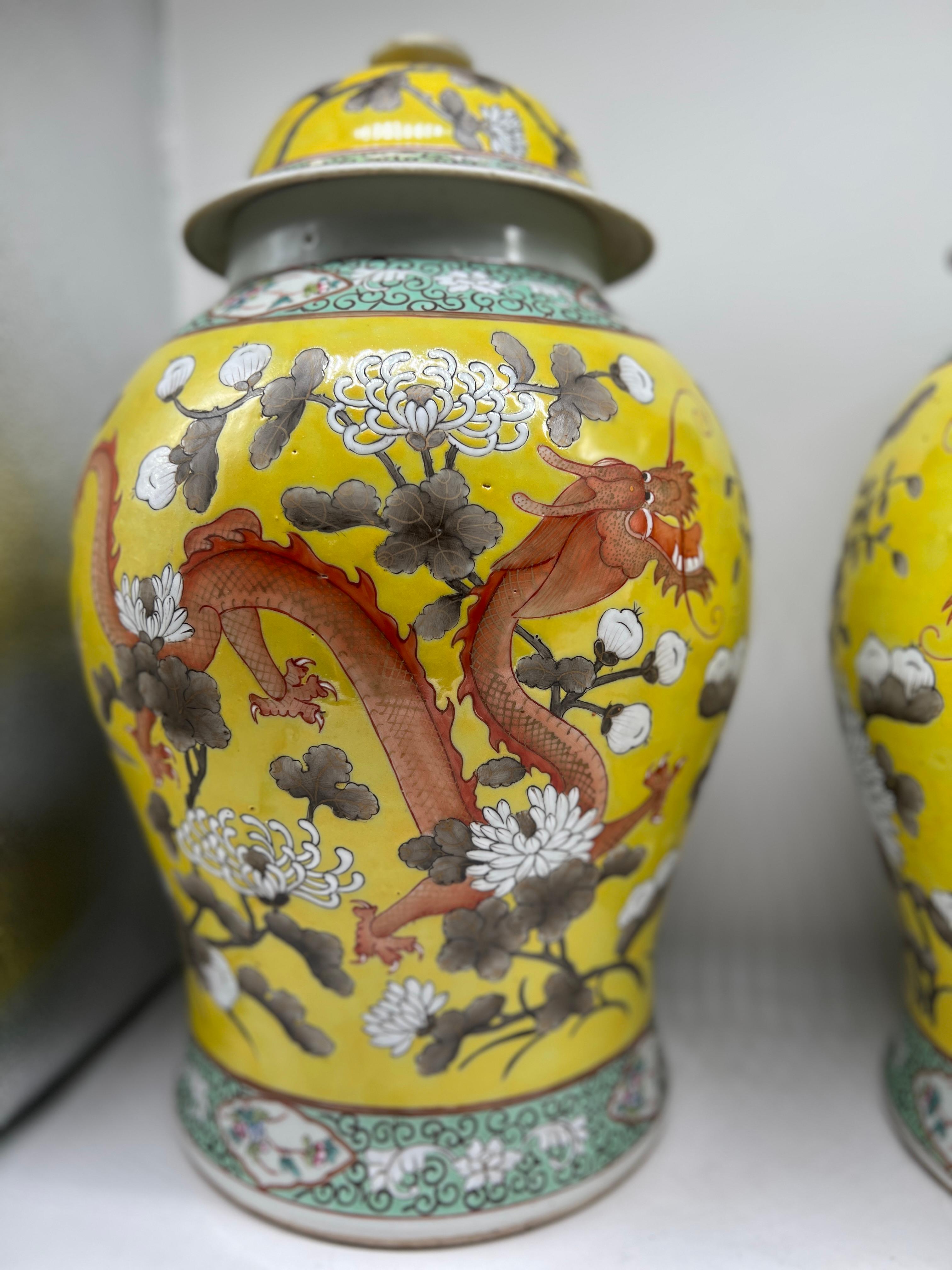 20th Century Pair, Antique Qing Dynasty Chinese Famille Jaune Covered Dragon Jars - 20th C.