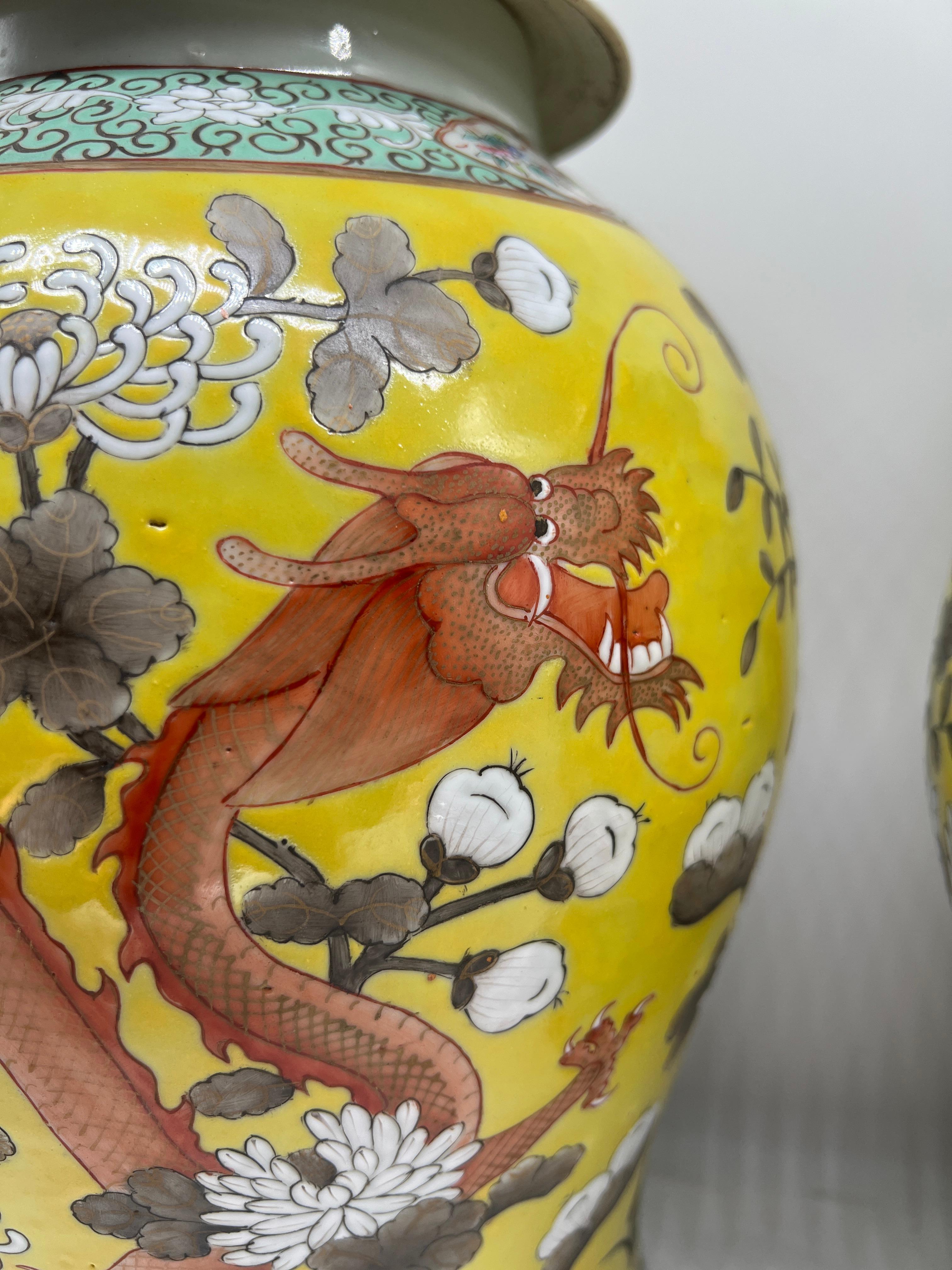 Pair, Antique Qing Dynasty Chinese Famille Jaune Covered Dragon Jars - 20th C. 1