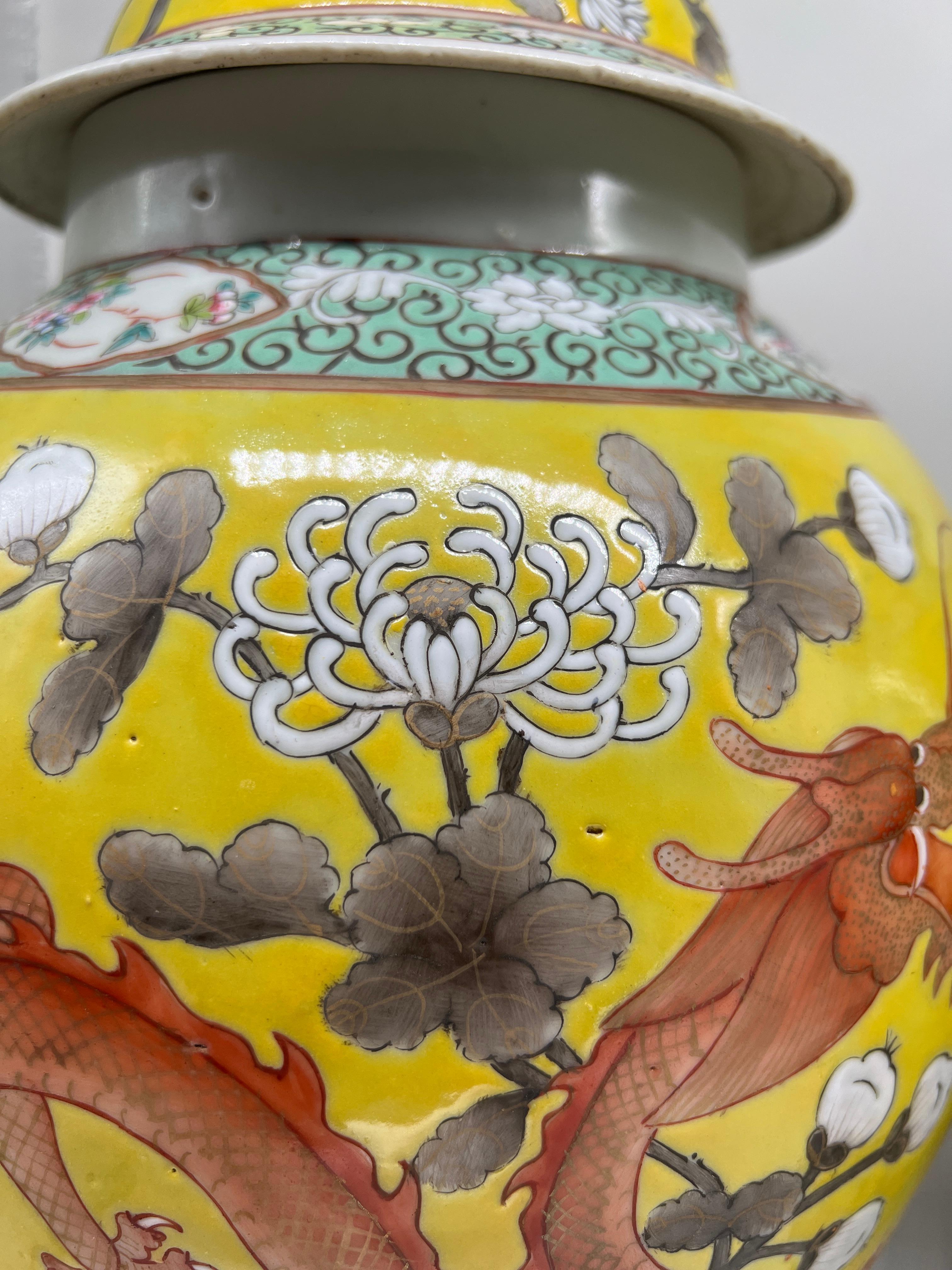 Pair, Antique Qing Dynasty Chinese Famille Jaune Covered Dragon Jars - 20th C. 2