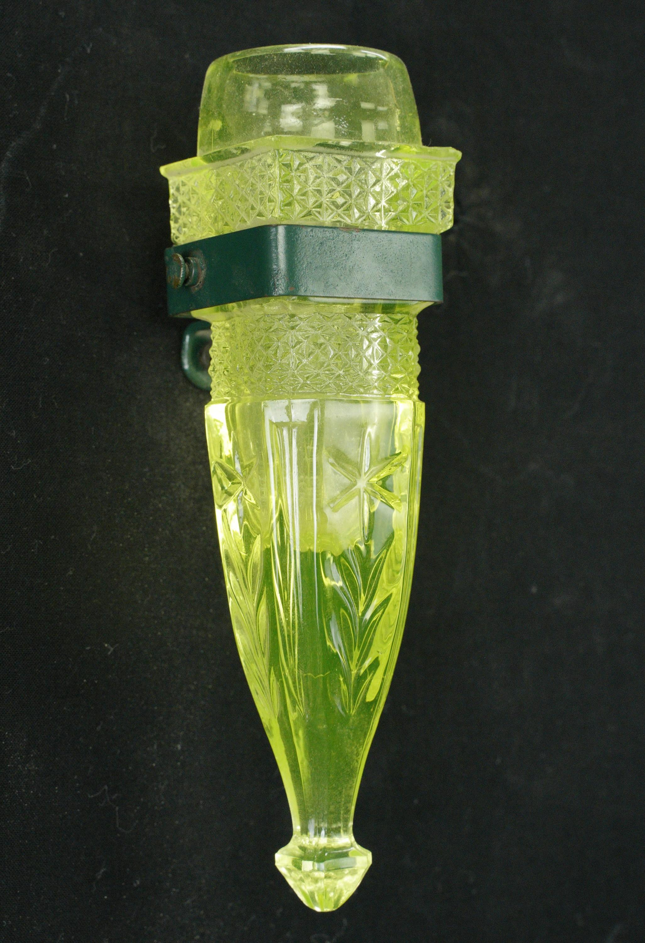 Industrial Pair Antique Rare Auto Bud Green Uranium Glass Vases