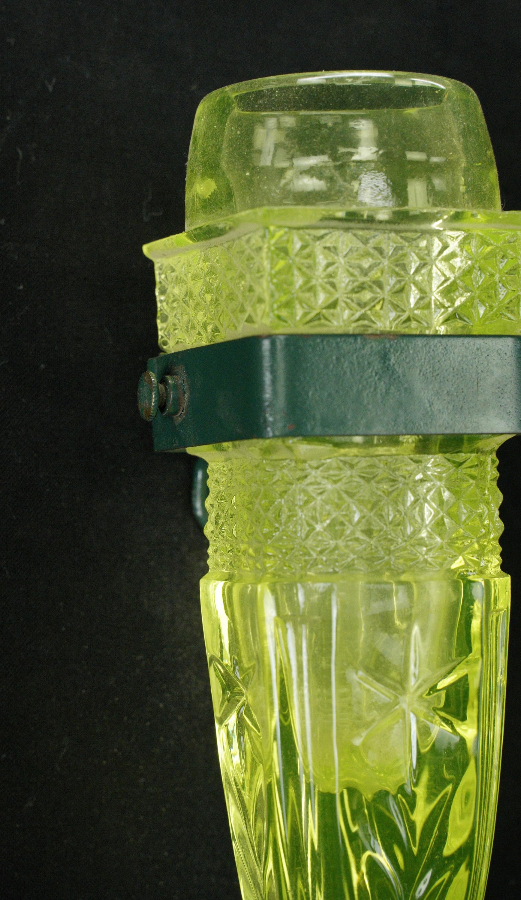 American Pair Antique Rare Auto Bud Green Uranium Glass Vases