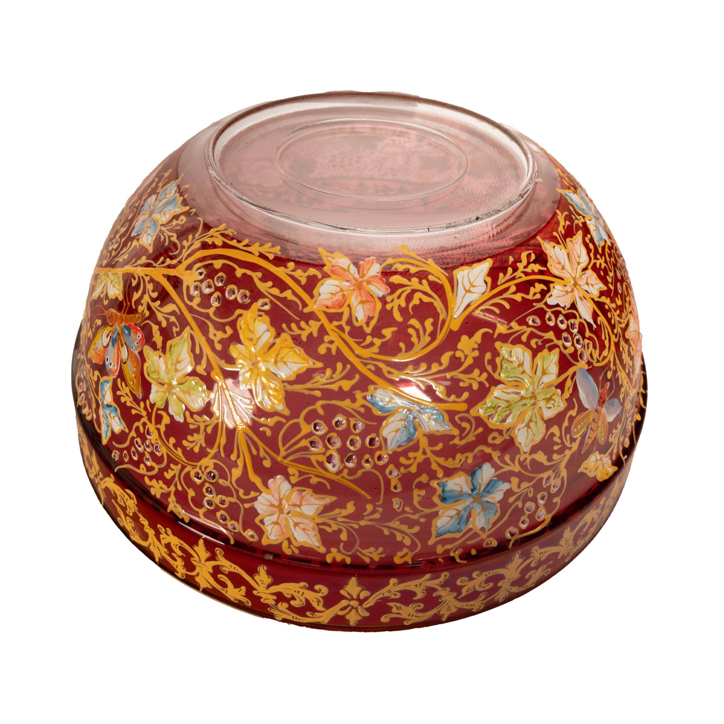 Pair Antique Red Art Glass Enamel Islamic Market Bowls French or Bohemian 1900 For Sale 5
