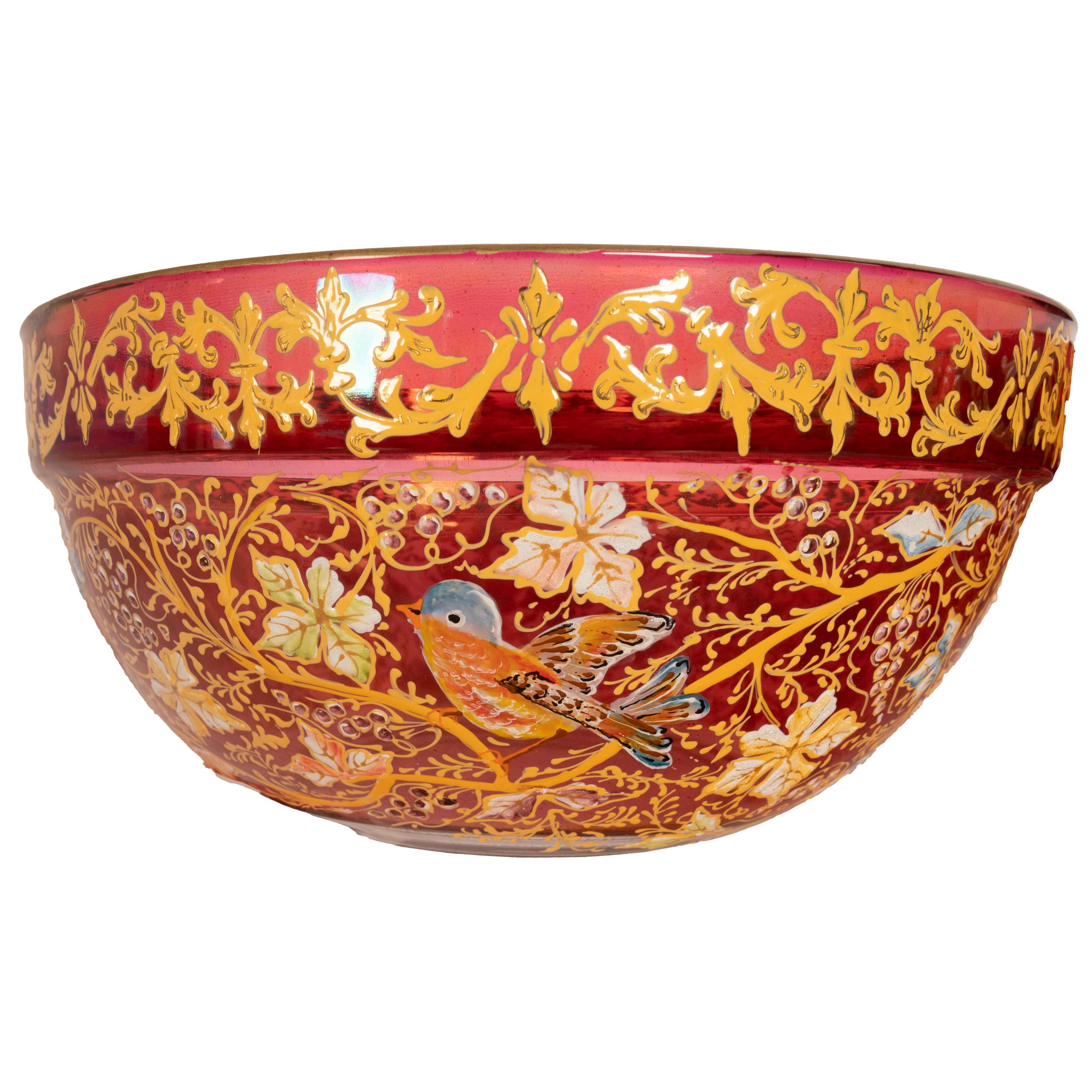 Enameled Pair Antique Red Art Glass Enamel Islamic Market Bowls French or Bohemian 1900 For Sale