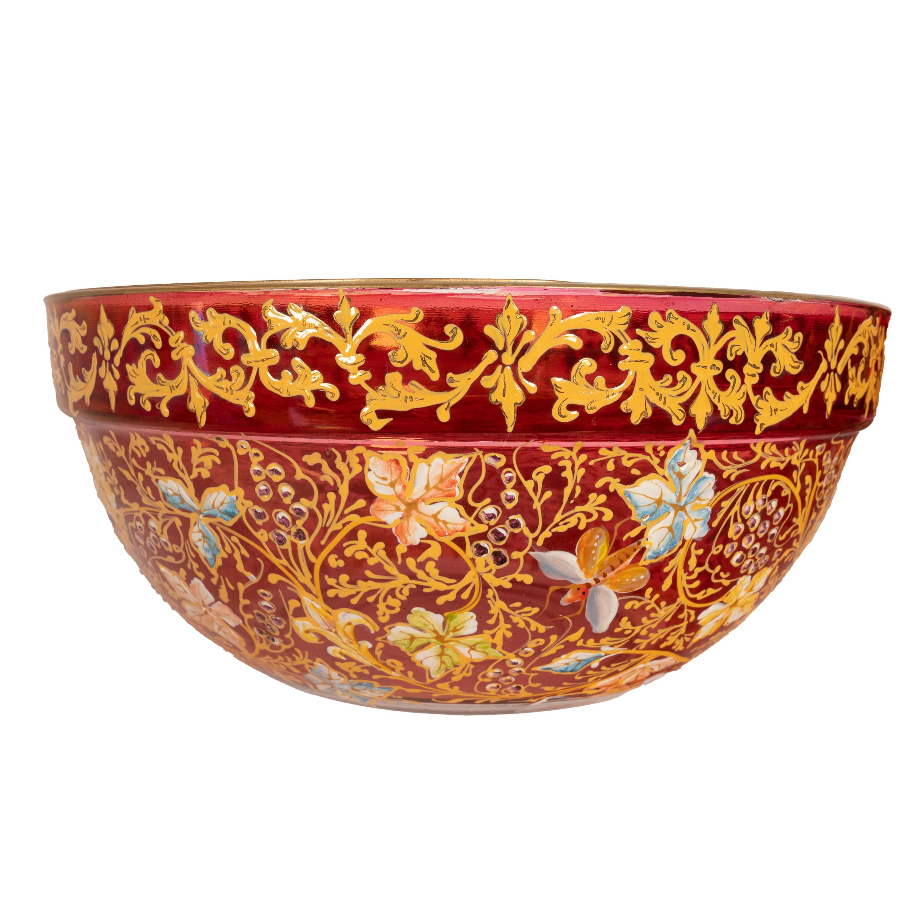 Pair Antique Red Art Glass Enamel Islamic Market Bowls French or Bohemian 1900 In Good Condition For Sale In Portland, OR