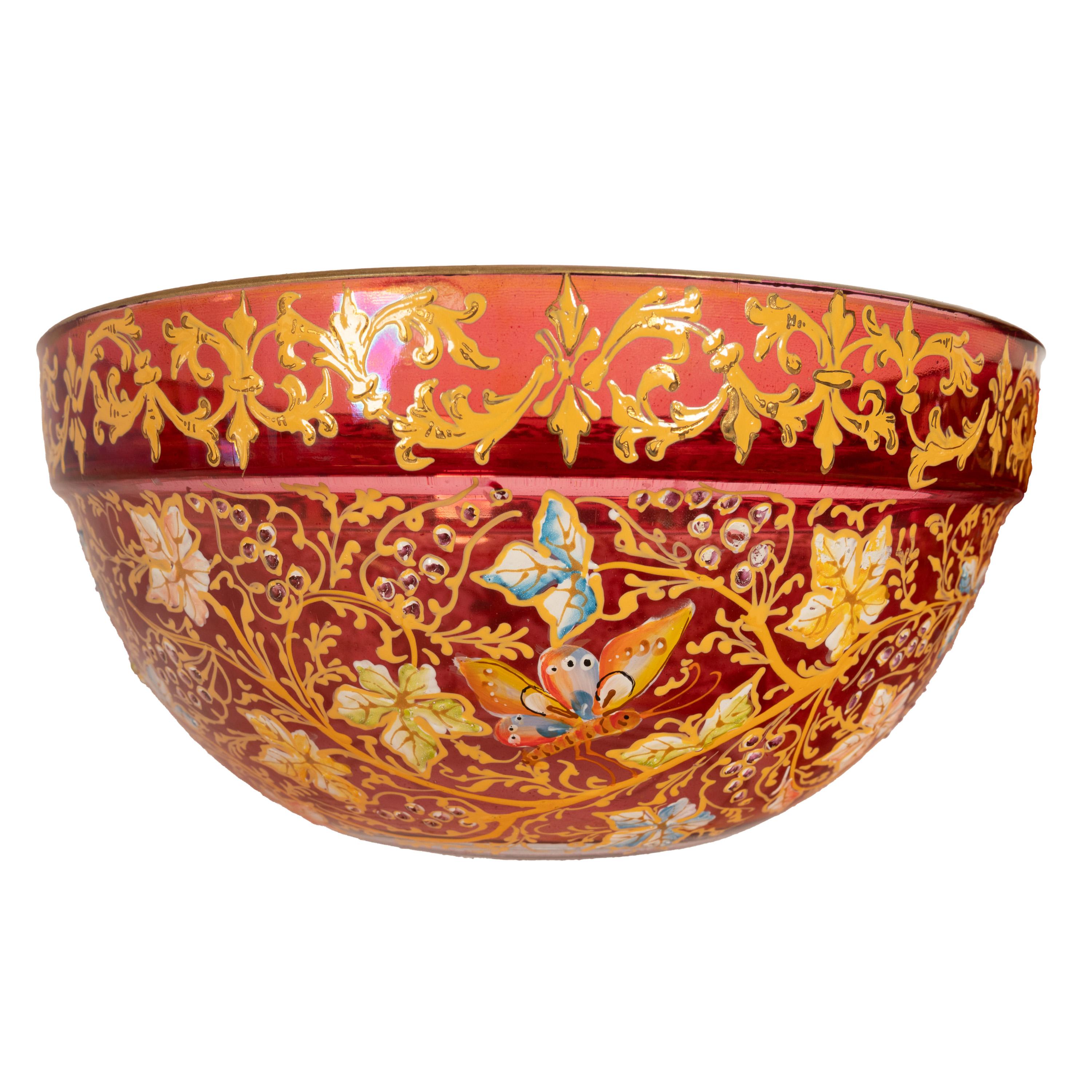 Early 20th Century Pair Antique Red Art Glass Enamel Islamic Market Bowls French or Bohemian 1900 For Sale