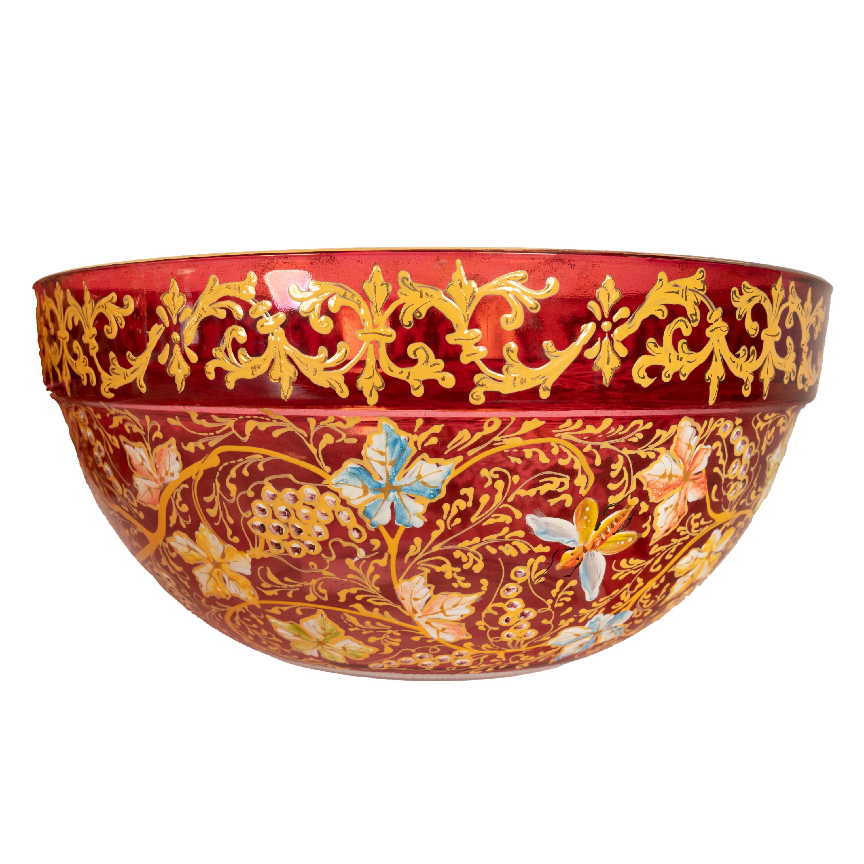 Pair Antique Red Art Glass Enamel Islamic Market Bowls French or Bohemian 1900 For Sale 1