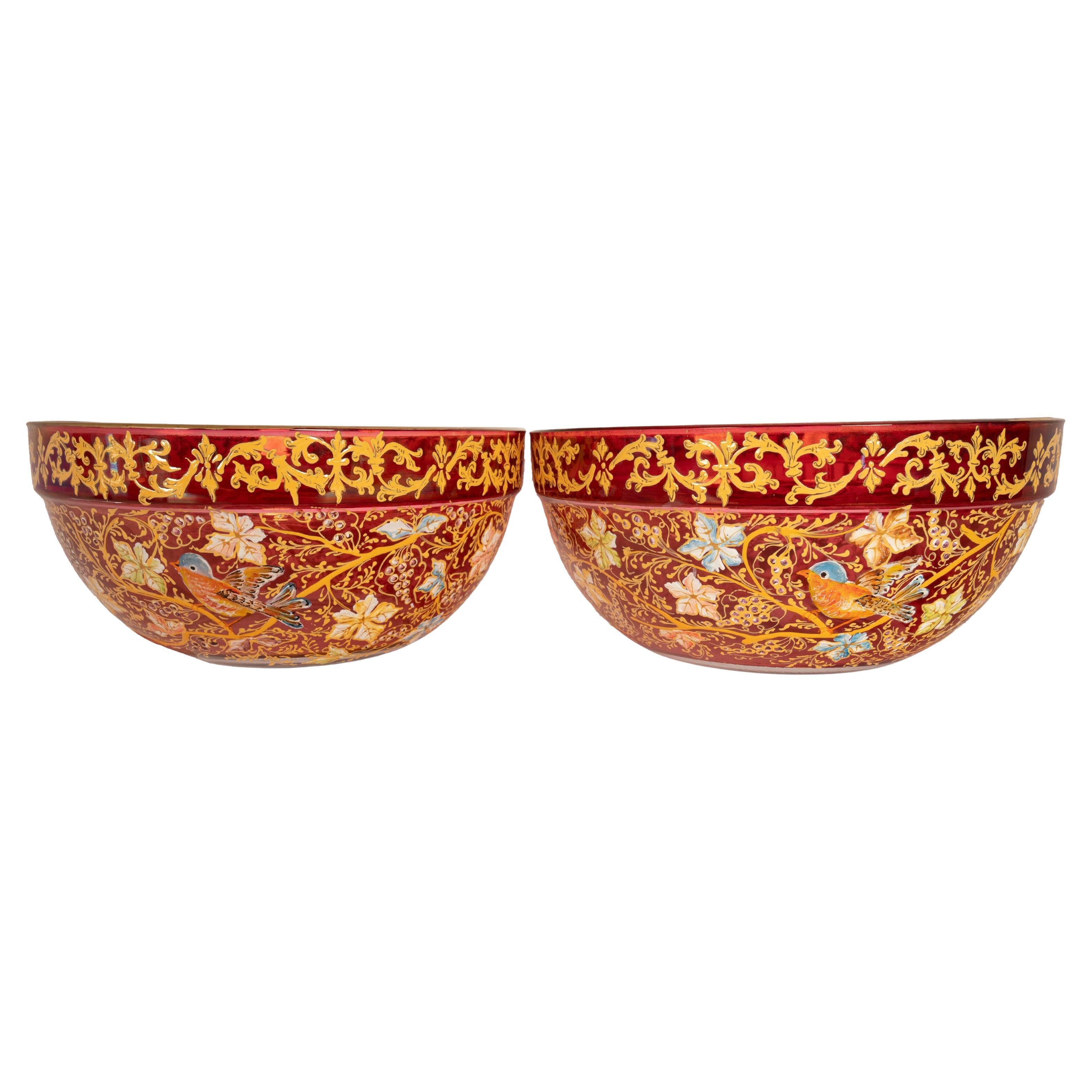 Pair Antique Red Art Glass Enamel Islamic Market Bowls French or Bohemian 1900 For Sale