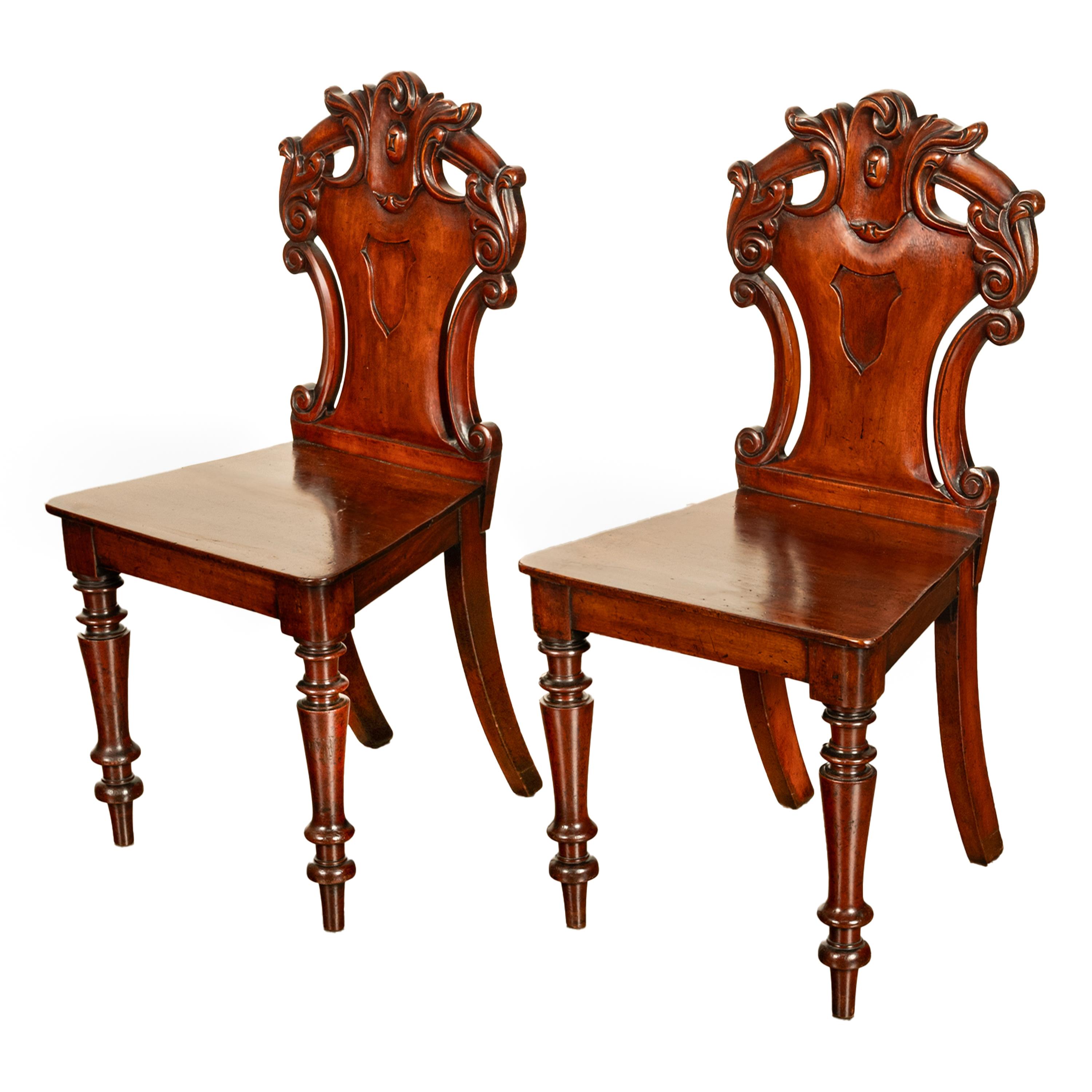 Pair Antique Regency Carved Mahogany Country House Shield Back Hall Chairs 1825 For Sale 6
