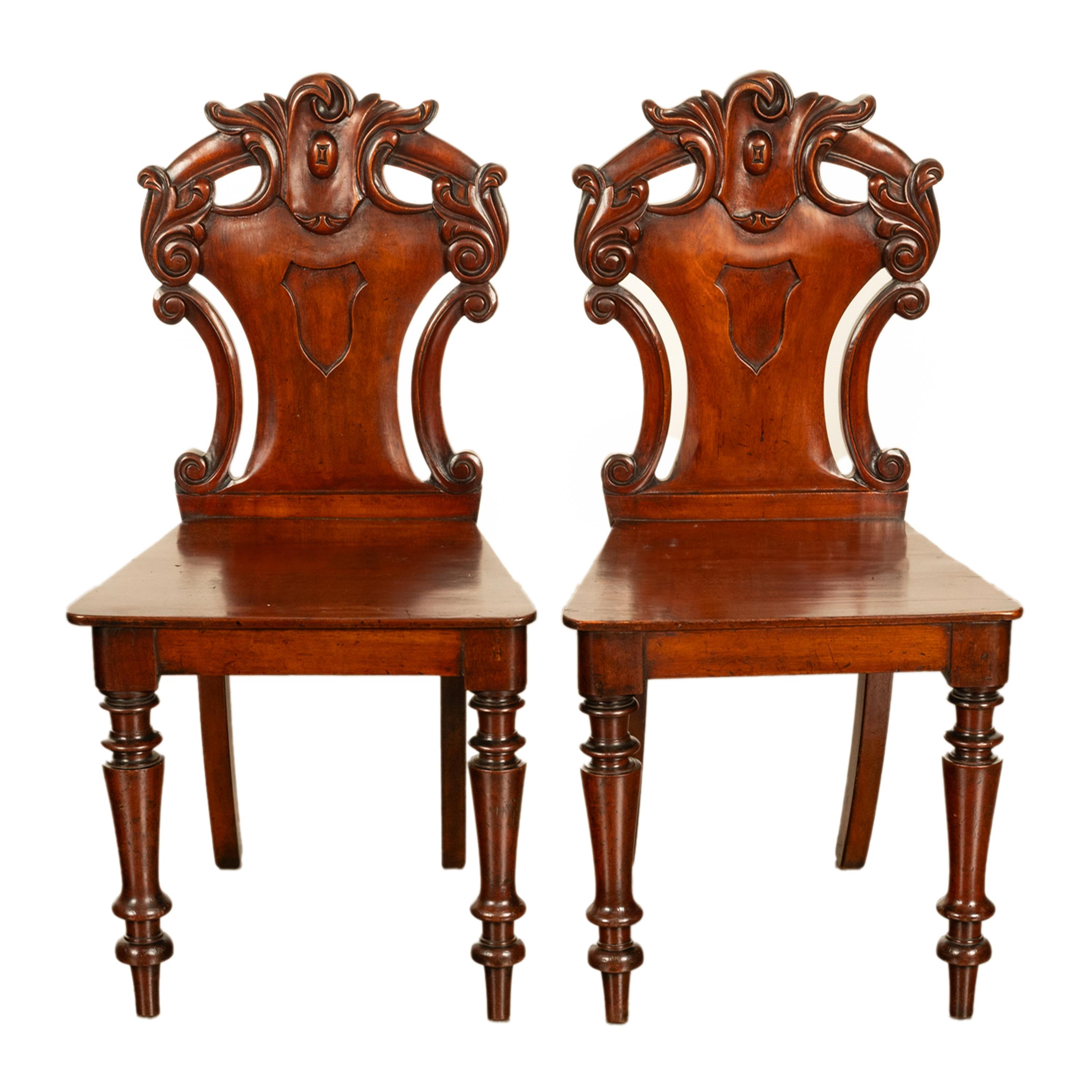 Pair Antique Regency Carved Mahogany Country House Shield Back Hall Chairs 1825 For Sale 7