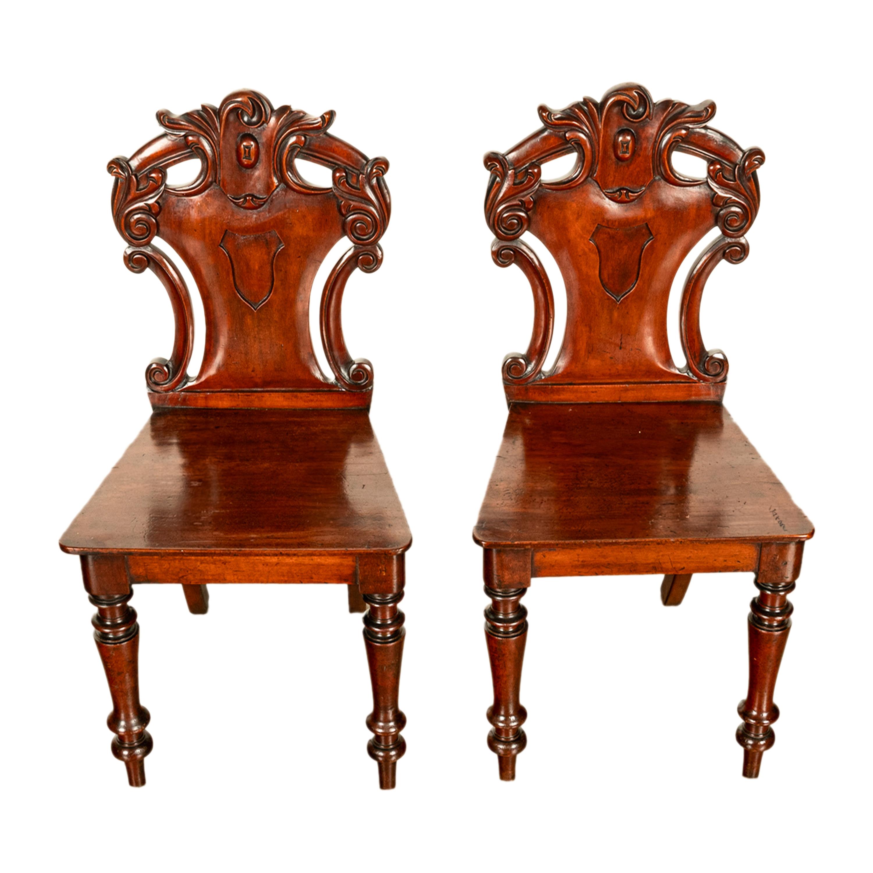 Pair Antique Regency Carved Mahogany Country House Shield Back Hall Chairs 1825 For Sale 8