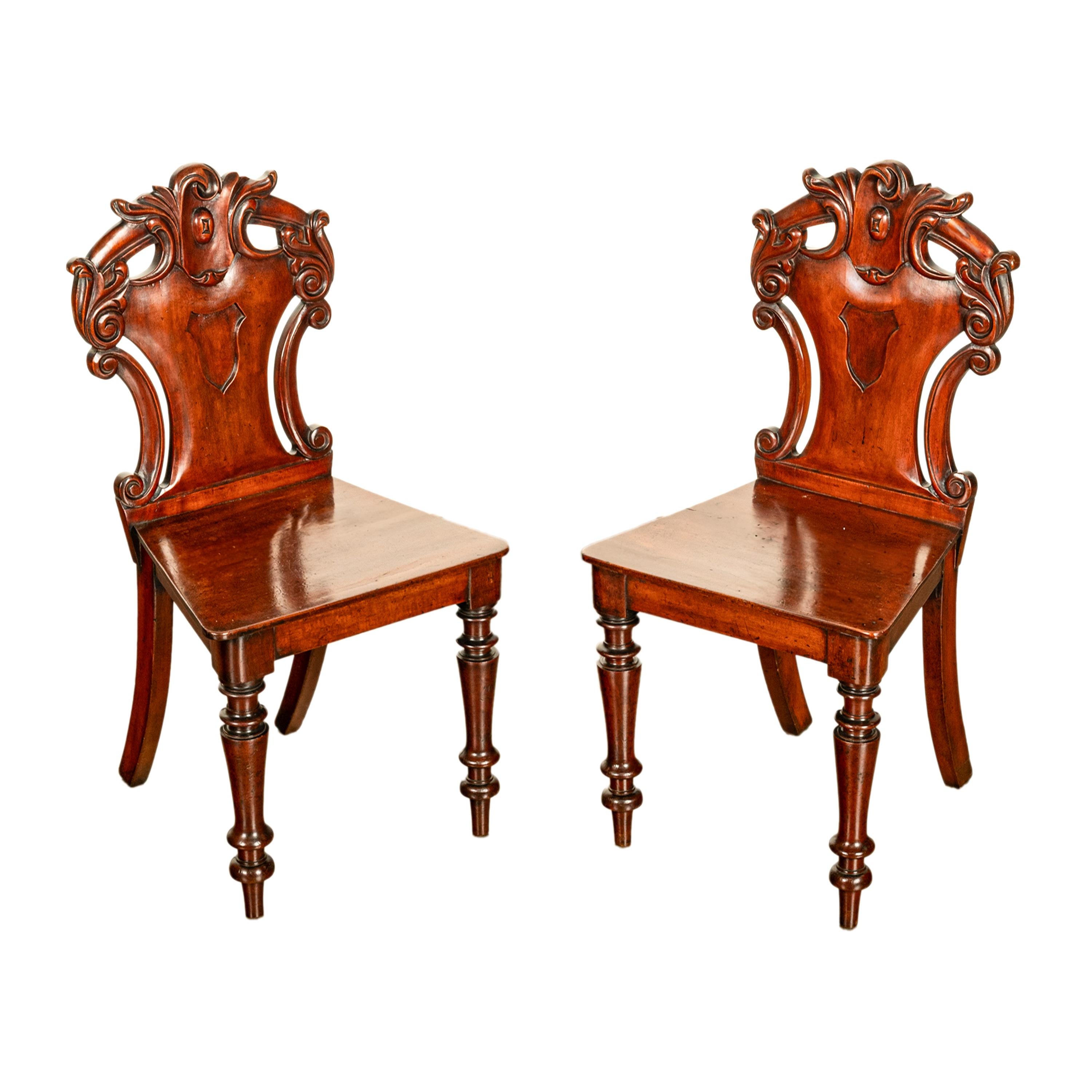 English Pair Antique Regency Carved Mahogany Country House Shield Back Hall Chairs 1825 For Sale