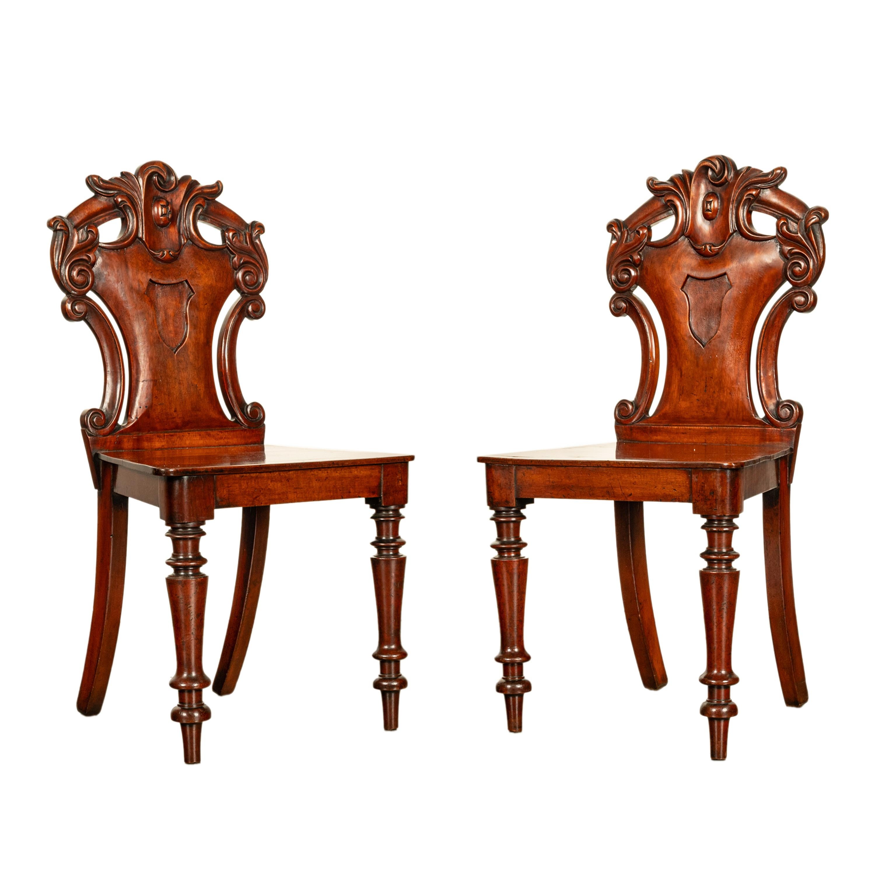 Pair Antique Regency Carved Mahogany Country House Shield Back Hall Chairs 1825 In Good Condition For Sale In Portland, OR