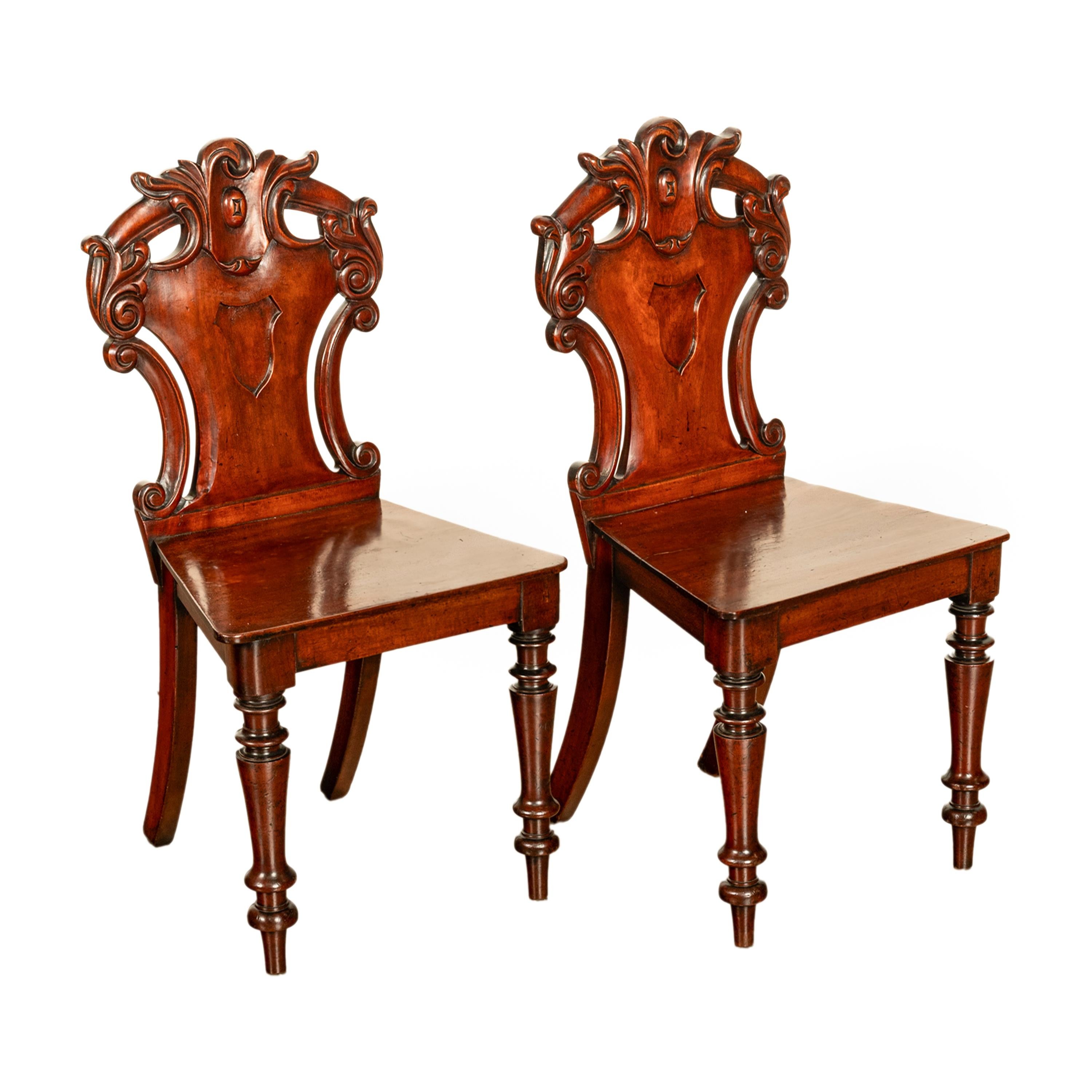 19th Century Pair Antique Regency Carved Mahogany Country House Shield Back Hall Chairs 1825 For Sale