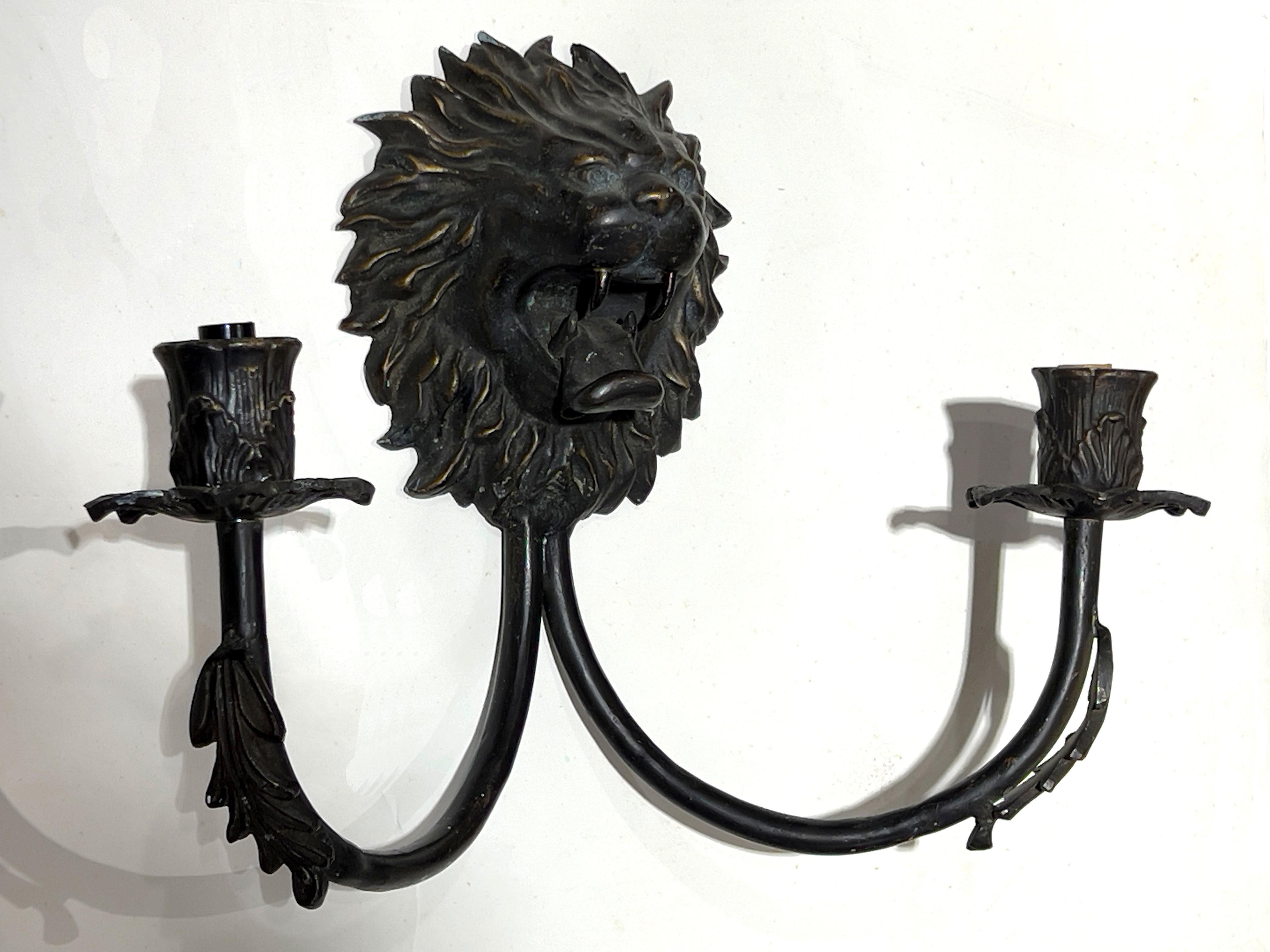 Pair Antique Regency Style Lion Mask Two Light Sconces For Sale 8
