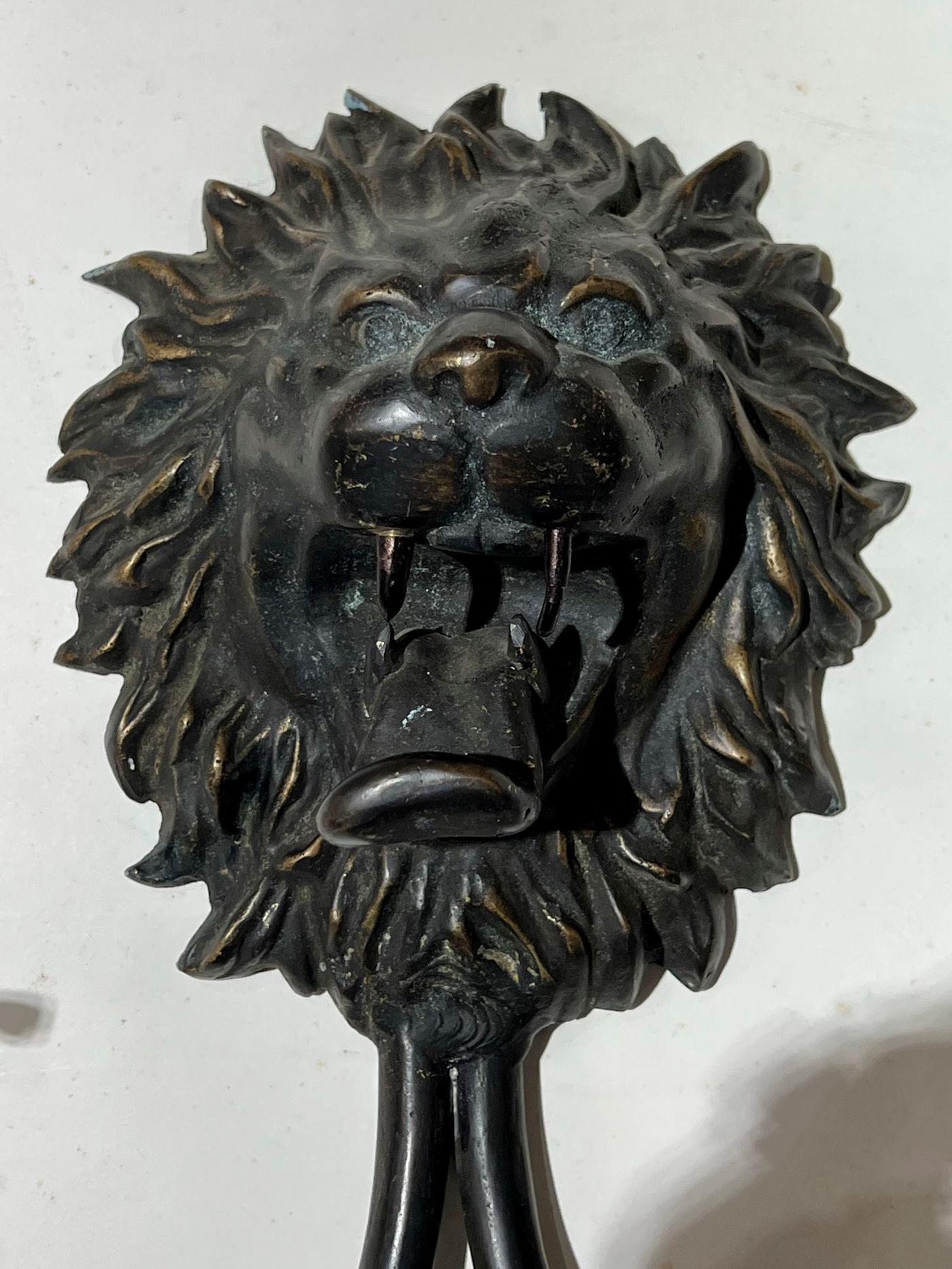 Patinated Pair Antique Regency Style Lion Mask Two Light Sconces For Sale
