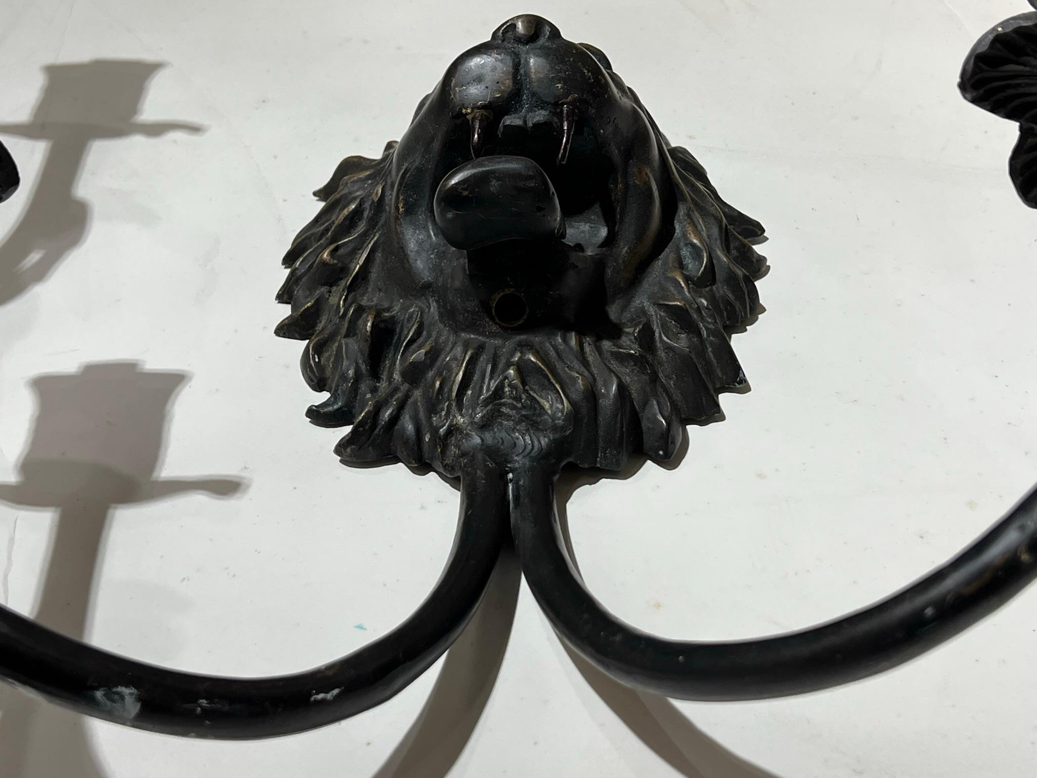 Pair Antique Regency Style Lion Mask Two Light Sconces For Sale 1