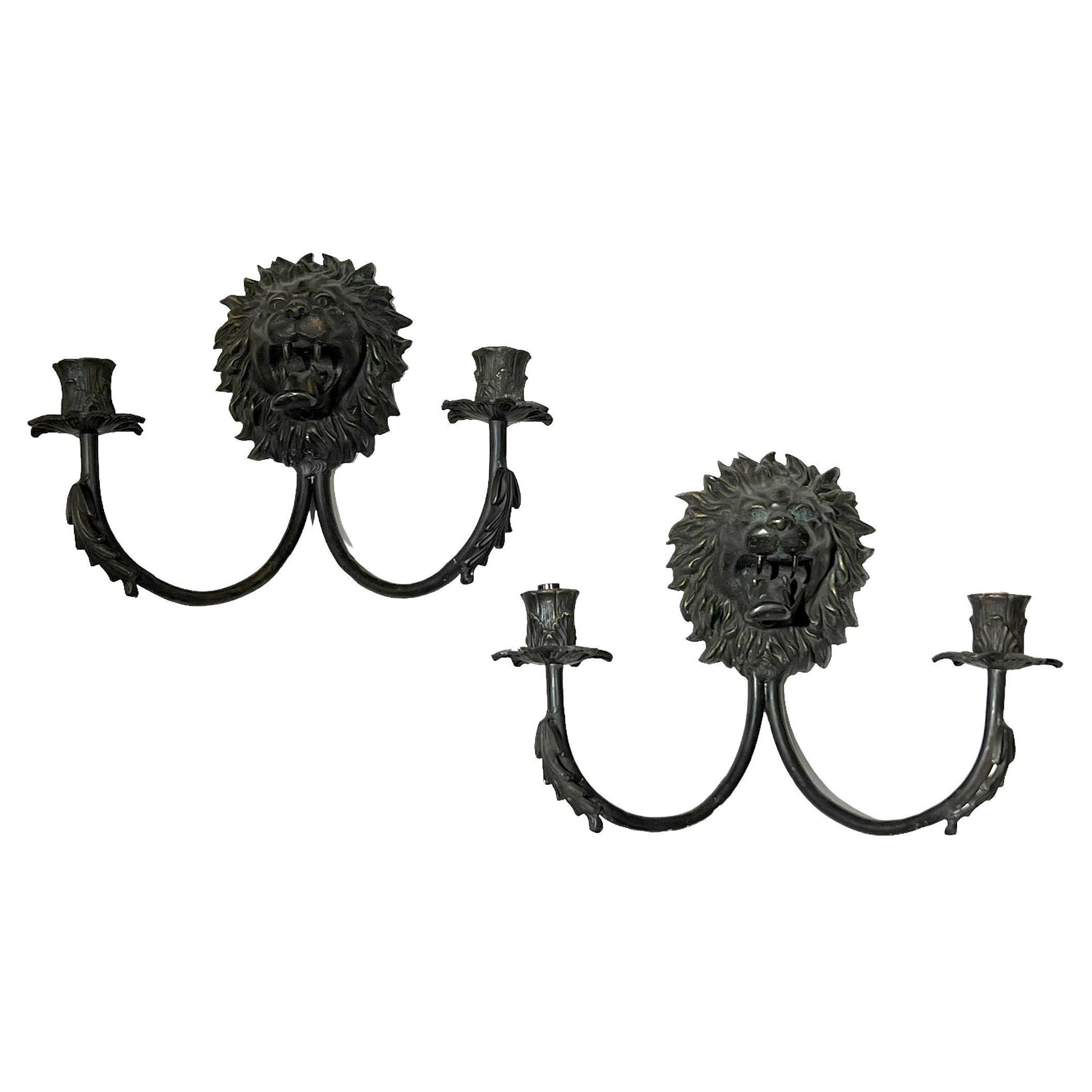 Pair Antique Regency Style Lion Mask Two Light Sconces