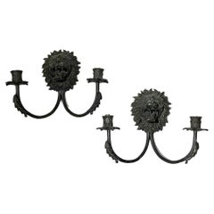 Pair Antique Regency Style Lion Mask Two Light Sconces
