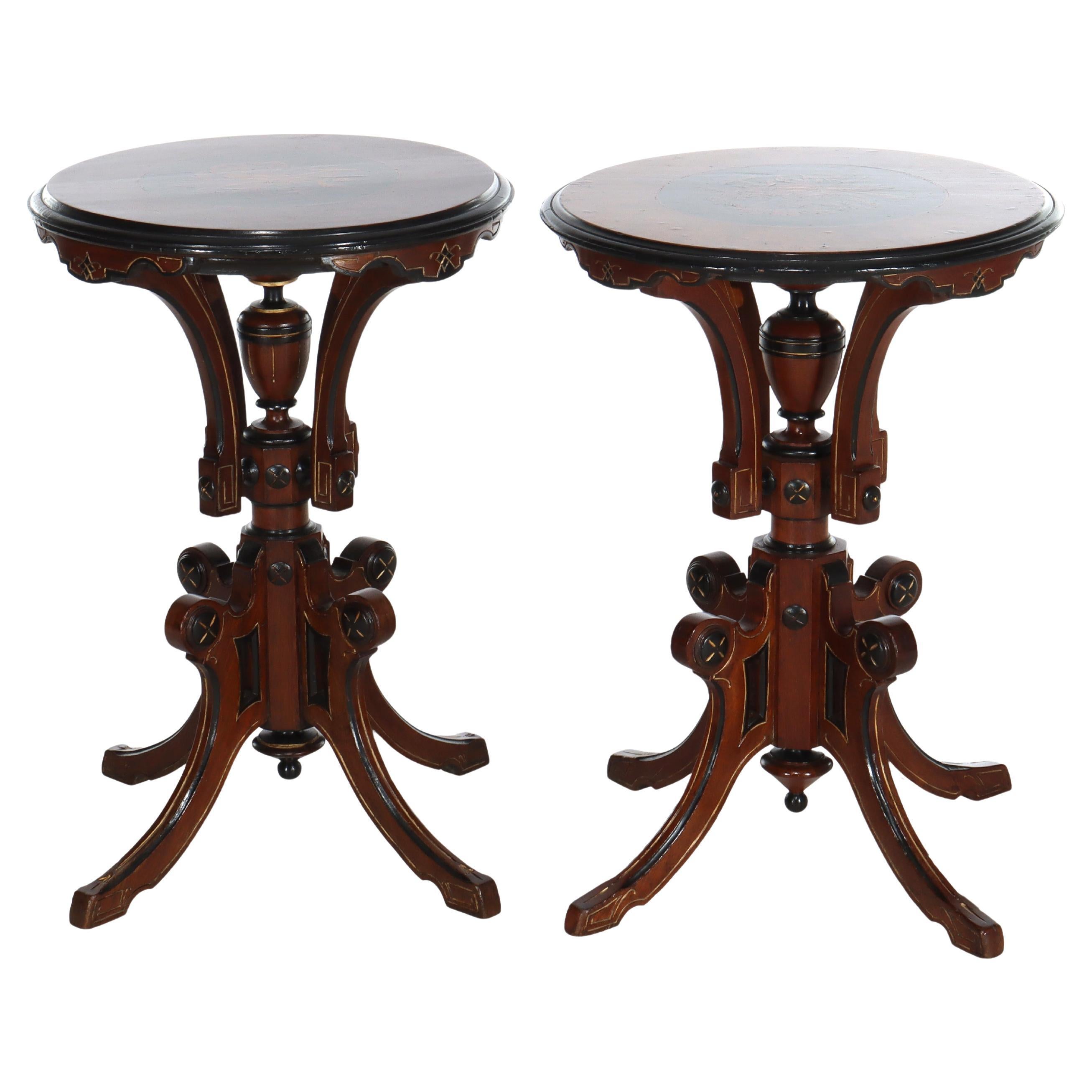 Pair Antique Renaissance Revival Ebonized 
Inlaid Walnut 
Burl Stands c1890 For Sale