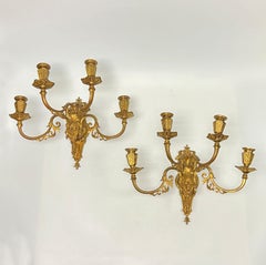 Pair Antique Renaissance Revival Gilt Bronze Four-Light Sconces