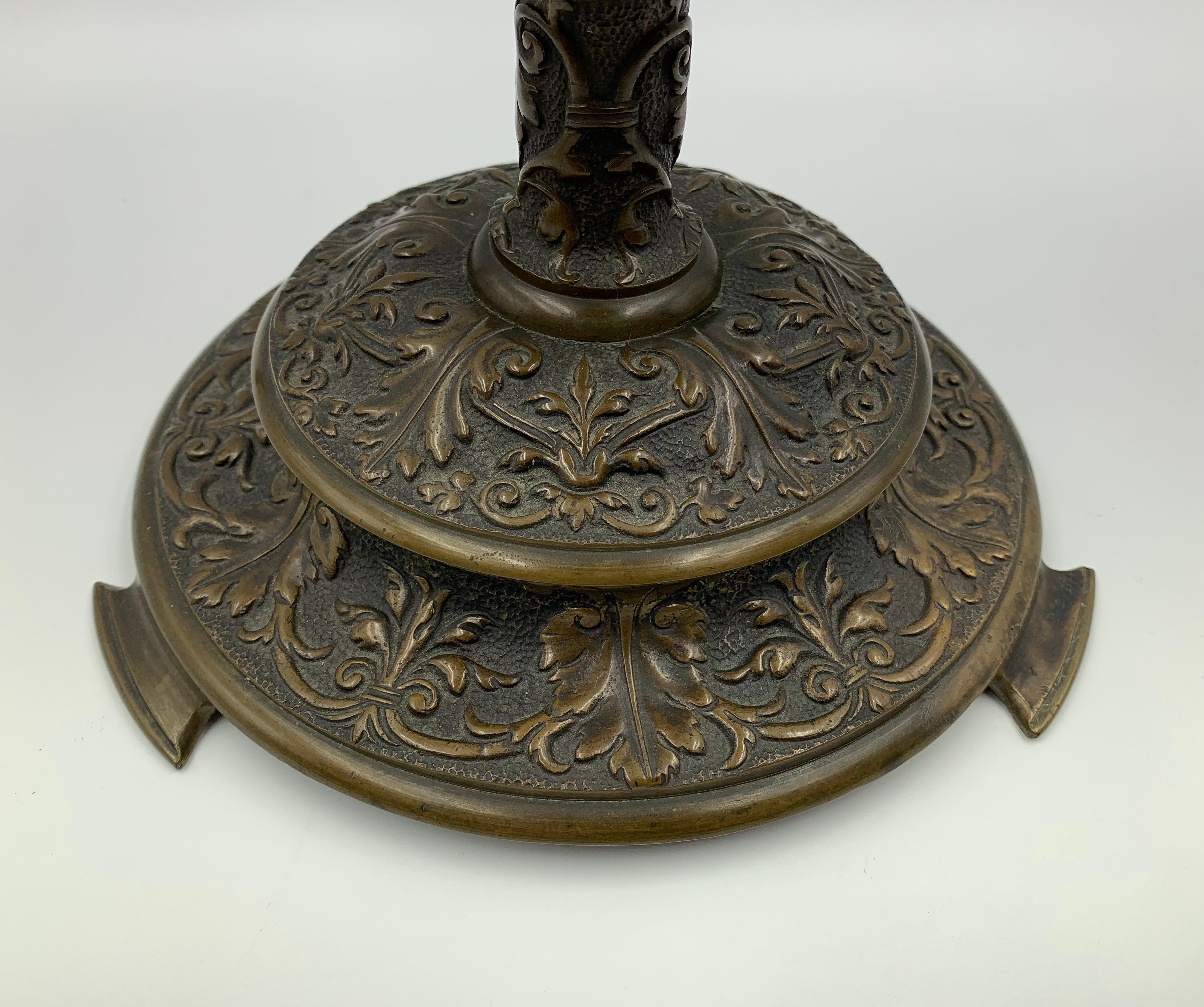 Fine pair of Renaissance style patinated bronze candle holders in the manner of Edward F. Caldwell, late 19th century.
Original medium brown patina with beautiful age appropriate sheen, excellent details. The capitals decorated with urn and foliate