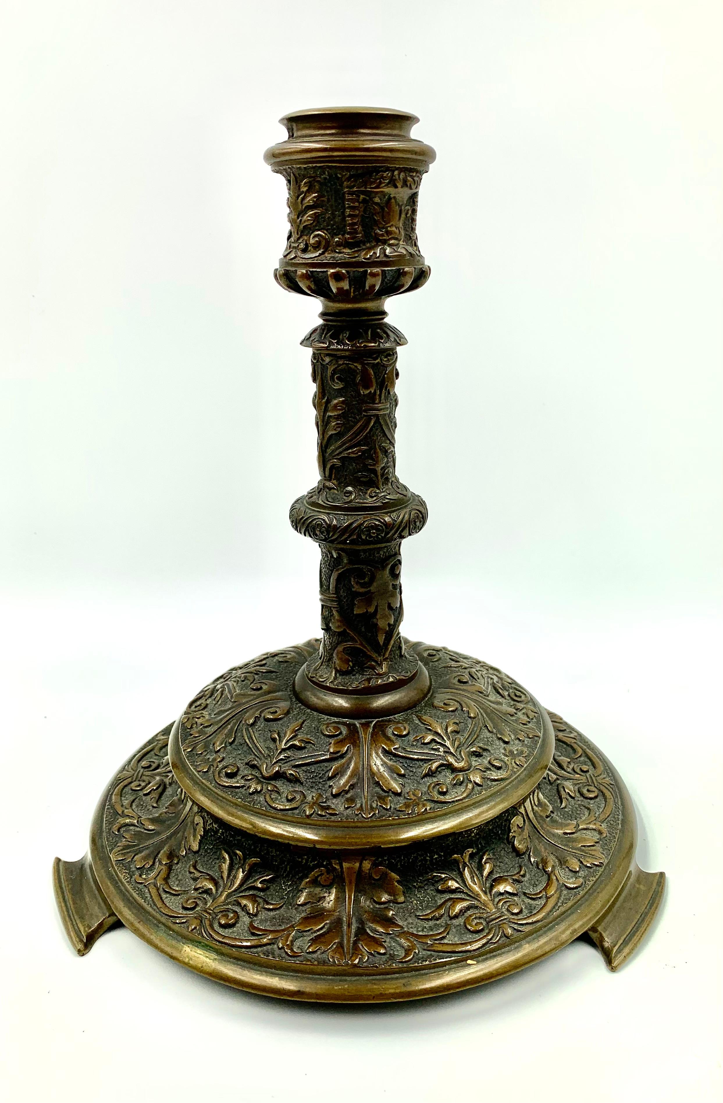 Pair Antique Renaissance Style Bronze Candleholders Manner of Edward F. Caldwell In Good Condition For Sale In New York, NY