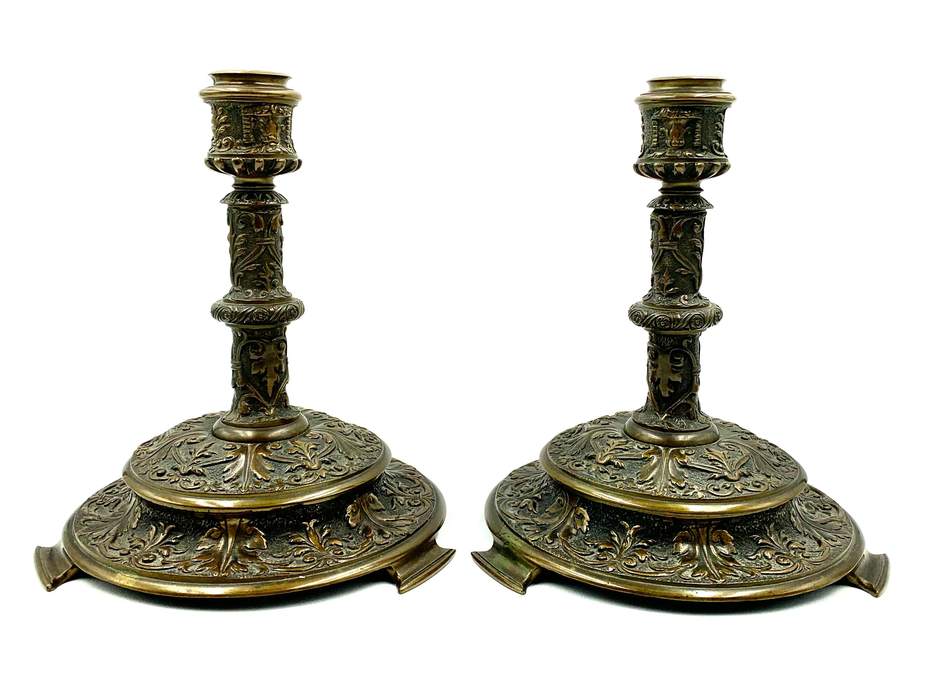 Pair Antique Renaissance Style Bronze Candleholders Manner of Edward F. Caldwell For Sale 1