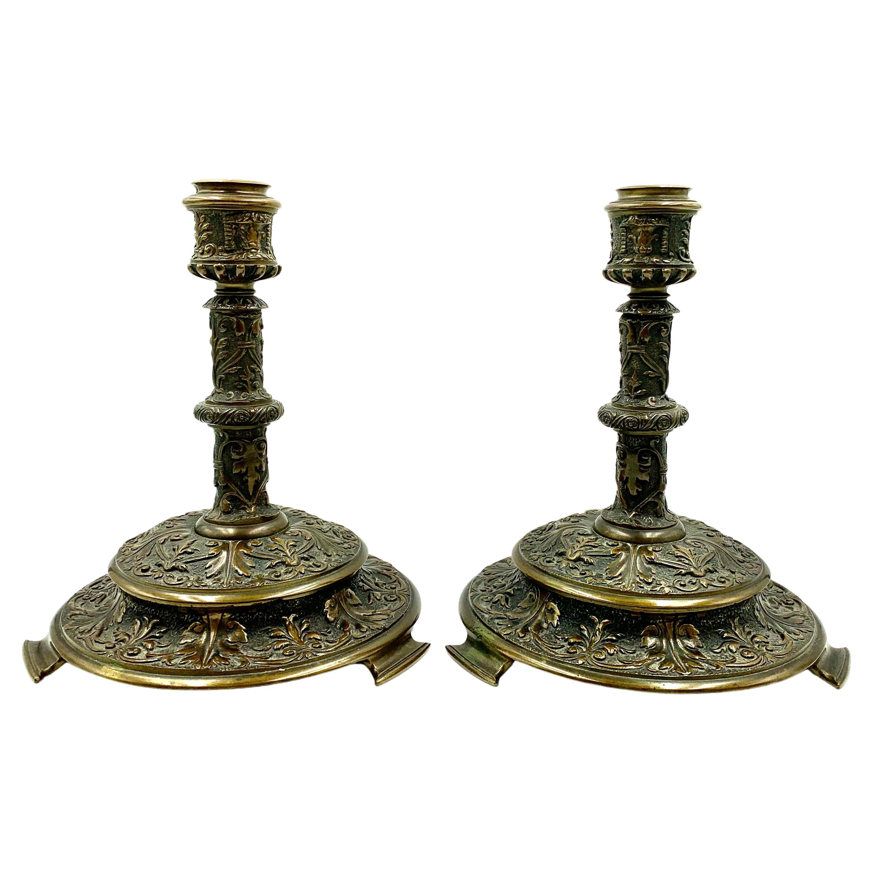 Pair Antique Renaissance Style Bronze Candleholders Manner of Edward F. Caldwell For Sale
