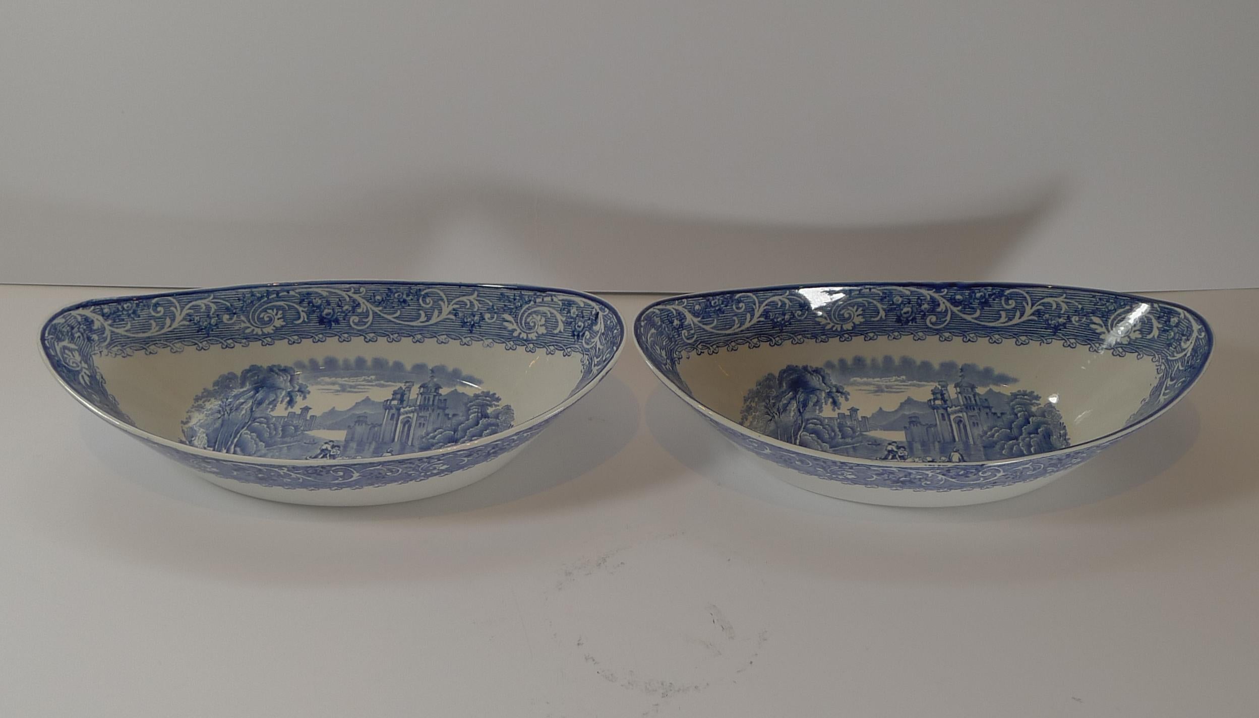 English Pair Antique Ridgway Blue & White Bowls, Venice, c. 1920